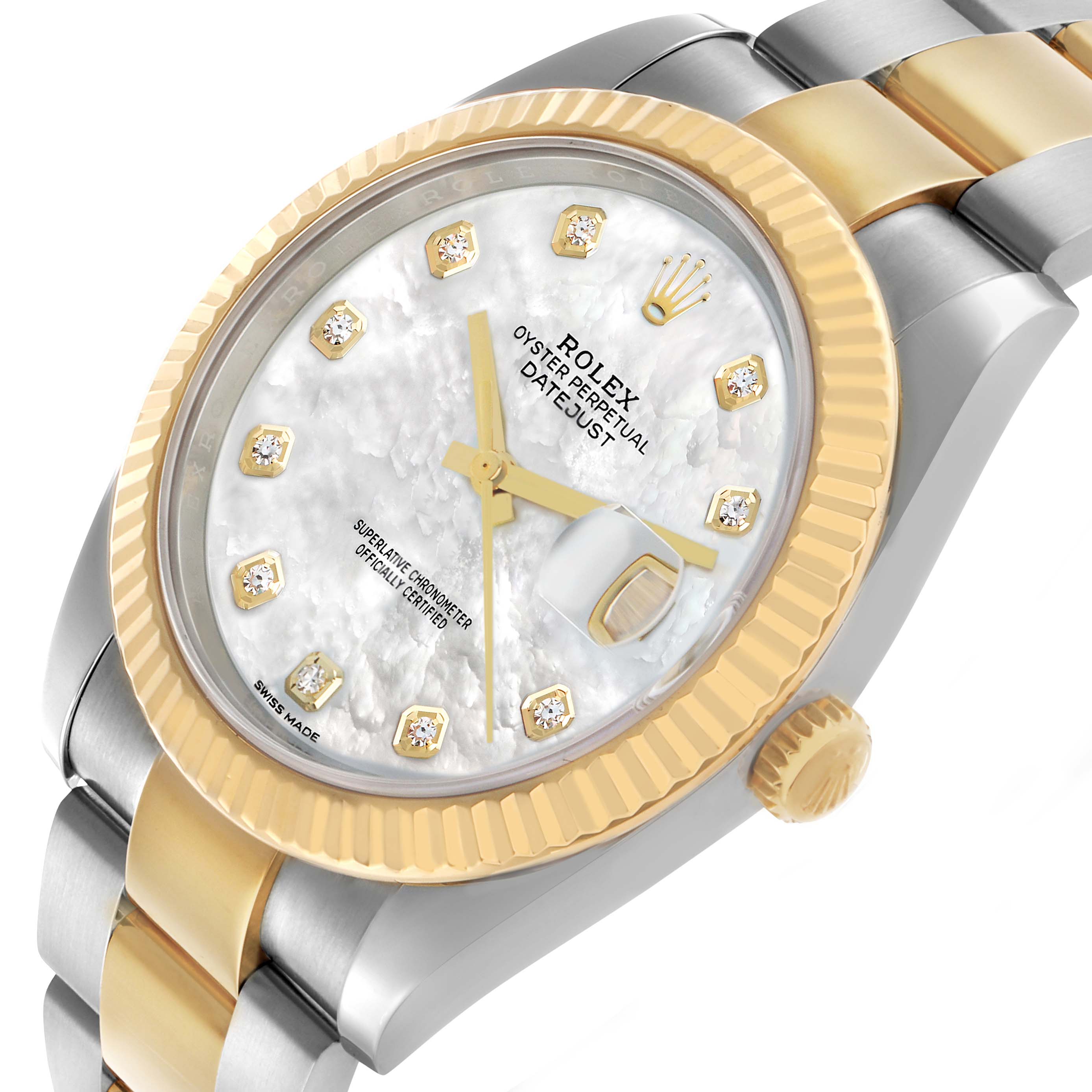The Rolex Datejust 41 126333 Men's Steel and Gold (two tone) Silver Dial is shown at an angled view, highlighting its gold and silver bracelet, fluted bezel, and diamond hour markers.