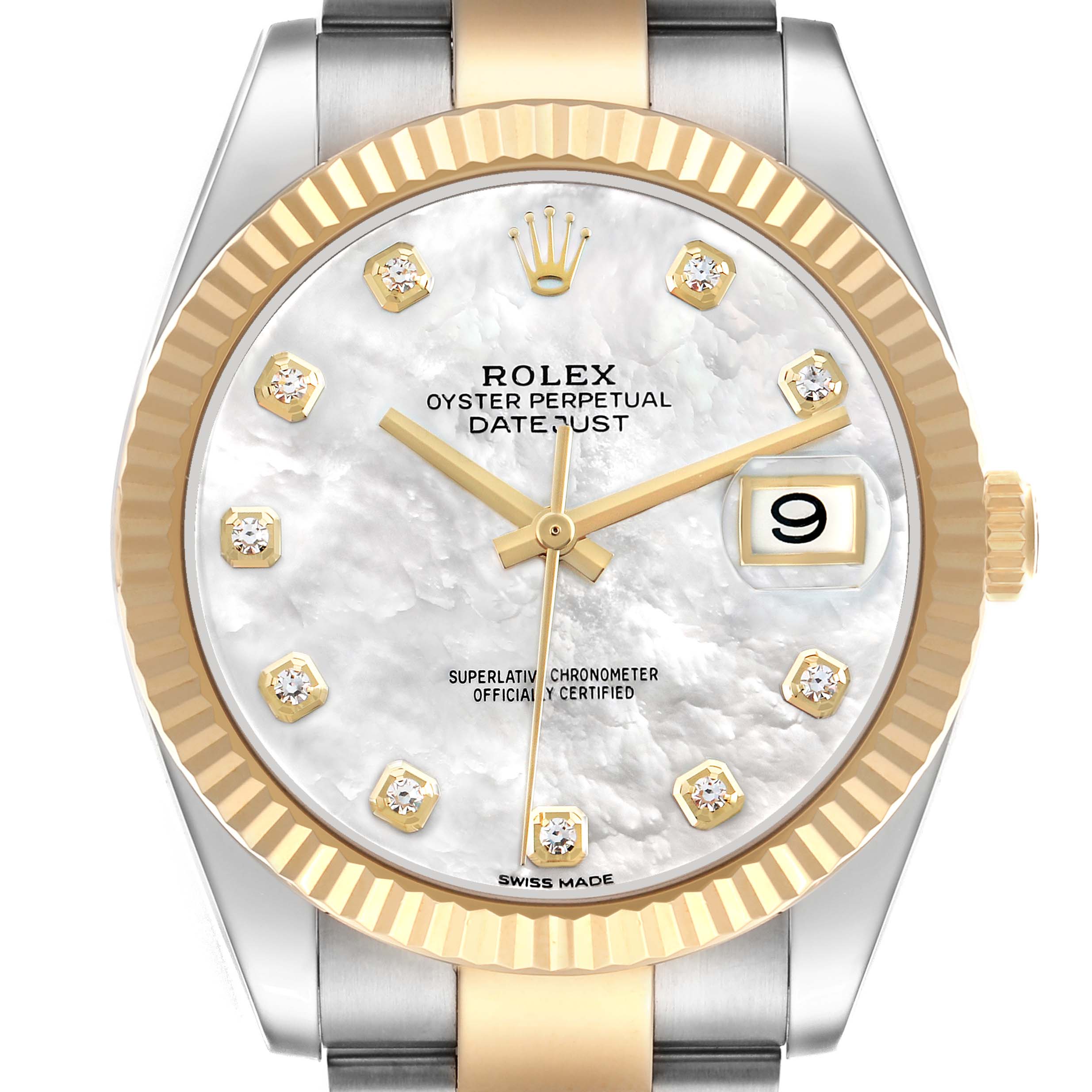 The Rolex Datejust 41 126333 Men's Steel and Gold (two tone) Silver Dial is shown from the front, highlighting the dial, fluted bezel, and date window.