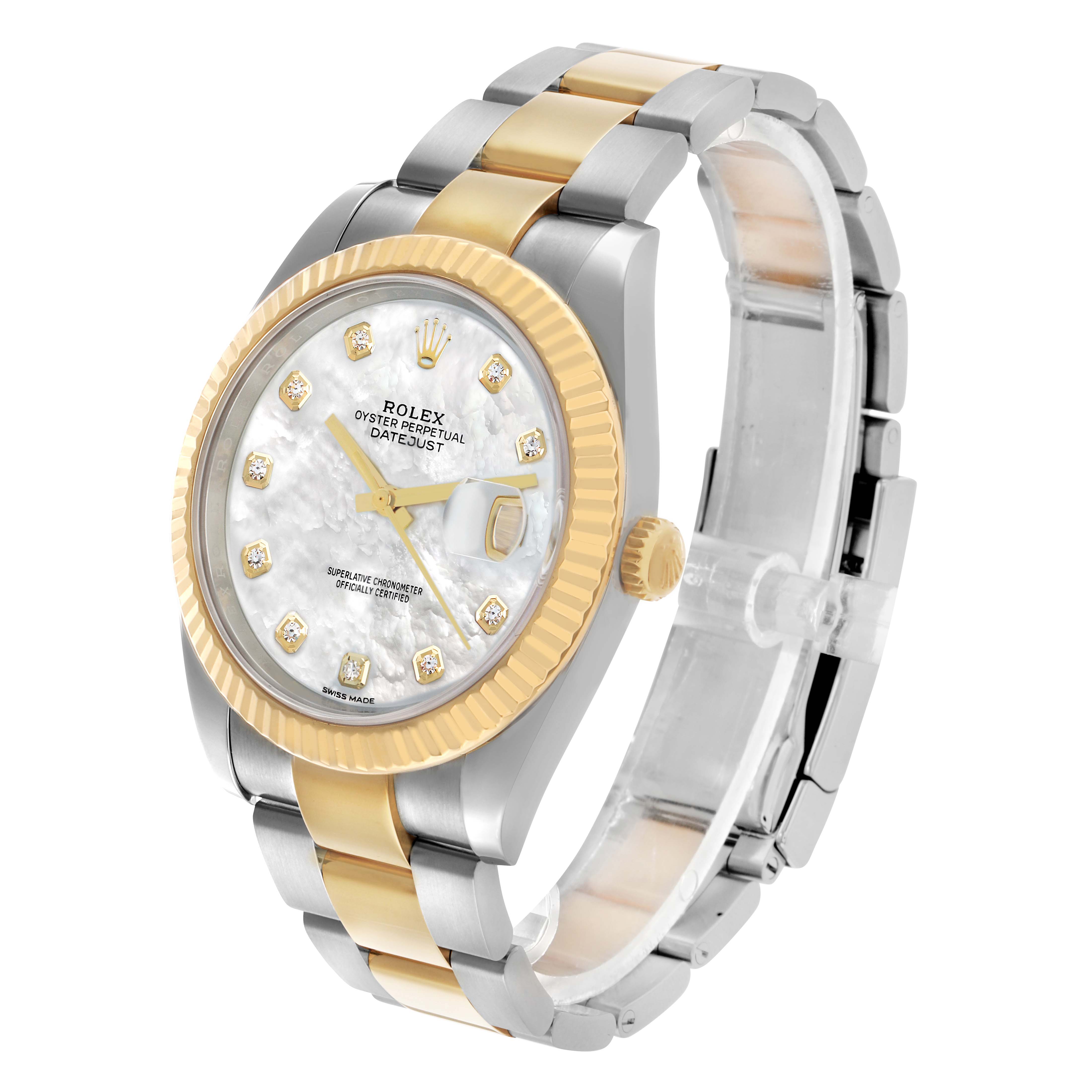 The Rolex Datejust 41 126333 Men's Steel and Gold (two tone) Silver Dial watch is shown at a 3/4 angle, displaying the dial, bezel, crown, and bracelet.
