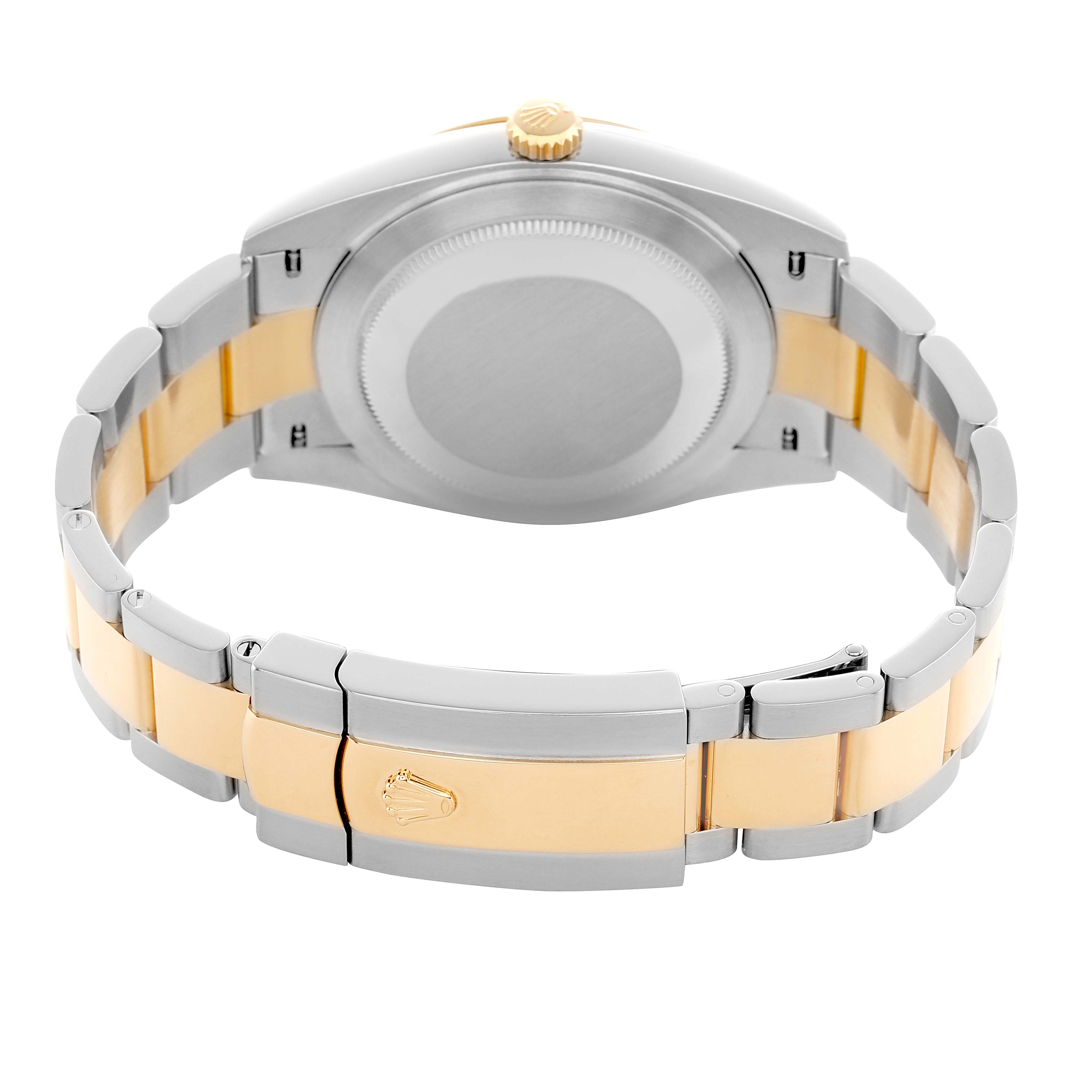 The image shows the back view of a Rolex Datejust 41 126333 Men's Steel and Gold (two tone) Silver Dial, highlighting the case back and two-tone bracelet with a clasp.