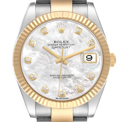 The Rolex Datejust 41 126333 Men's Steel and Gold (two tone) Silver Dial watch is shown from a frontal angle, highlighting its dial, fluted bezel, and part of the bracelet.