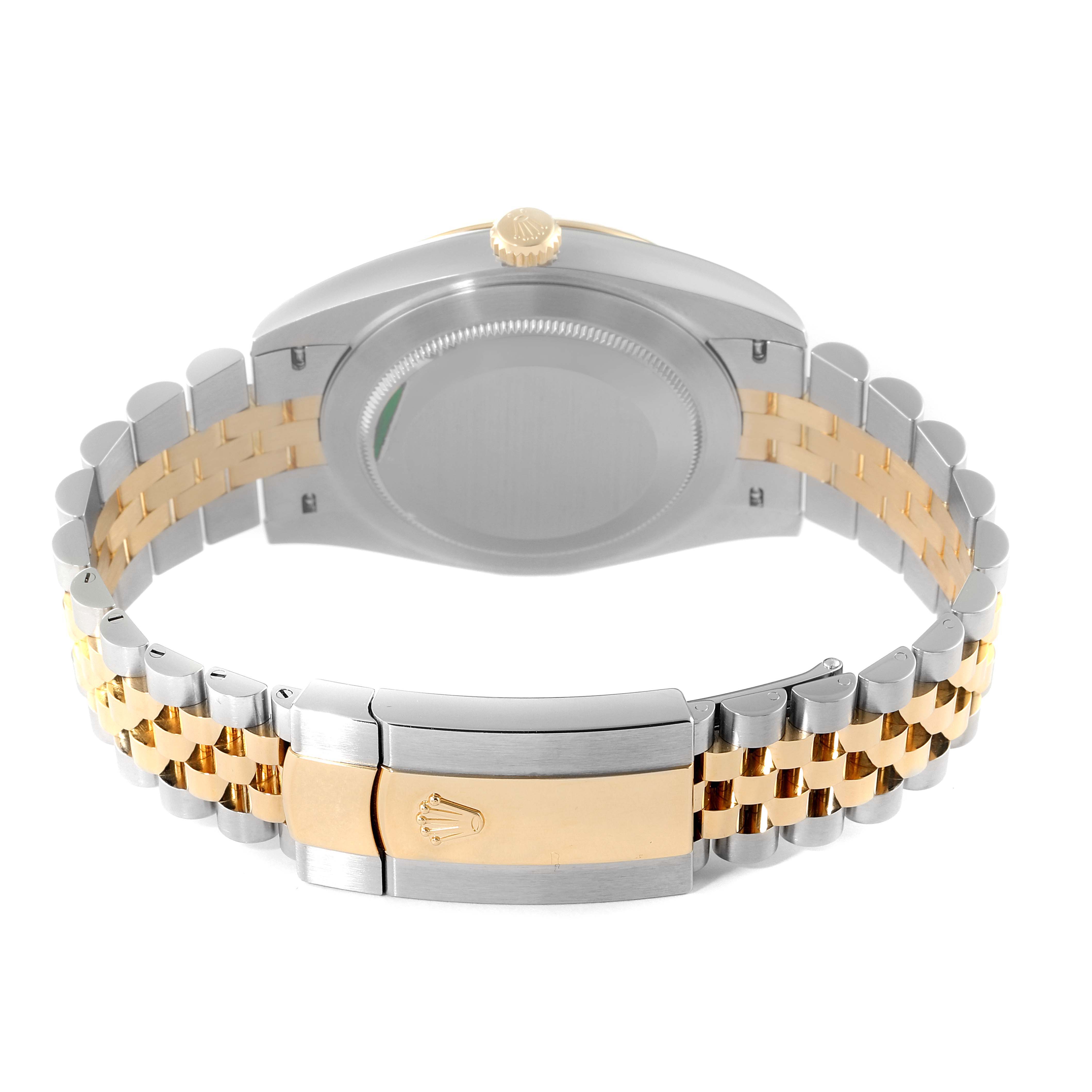 This image shows a Rolex Datejust 41 126333 Men's Steel and Gold (two tone) Grey Dial 126333 Men's Steel and Gold (two tone) Grey Dial watch from the rear, highlighting the case back and two-tone Jubilee bracelet with the clasp.