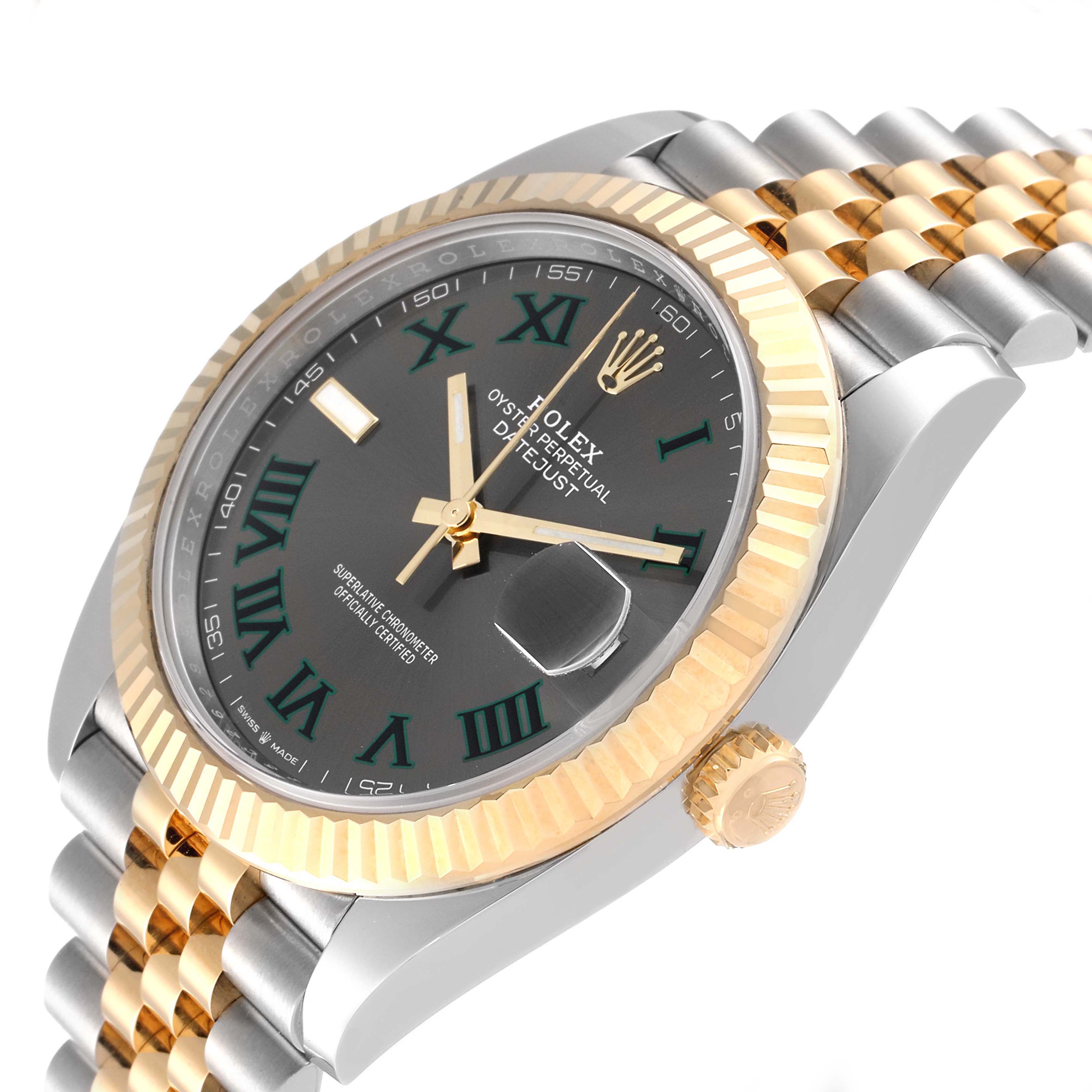 This image shows a side angle of the Rolex Datejust 41 126333 Men's Steel and Gold (two tone) Grey Dial 126333 Men's Steel and Gold (two tone) Grey Dial, featuring its dial, fluted bezel, crown, and part of the bracelet.