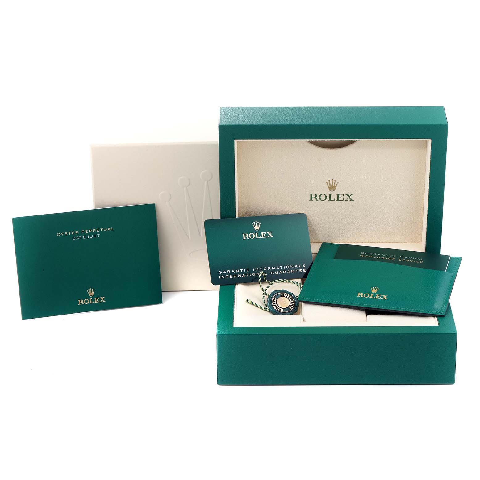 The image shows the packaging, warranty card, service manual, and tags for a Rolex Datejust 41 126333 Men's Steel and Gold (two tone) Grey Dial 126333 Men's Steel and Gold (two tone) Grey Dial watch.