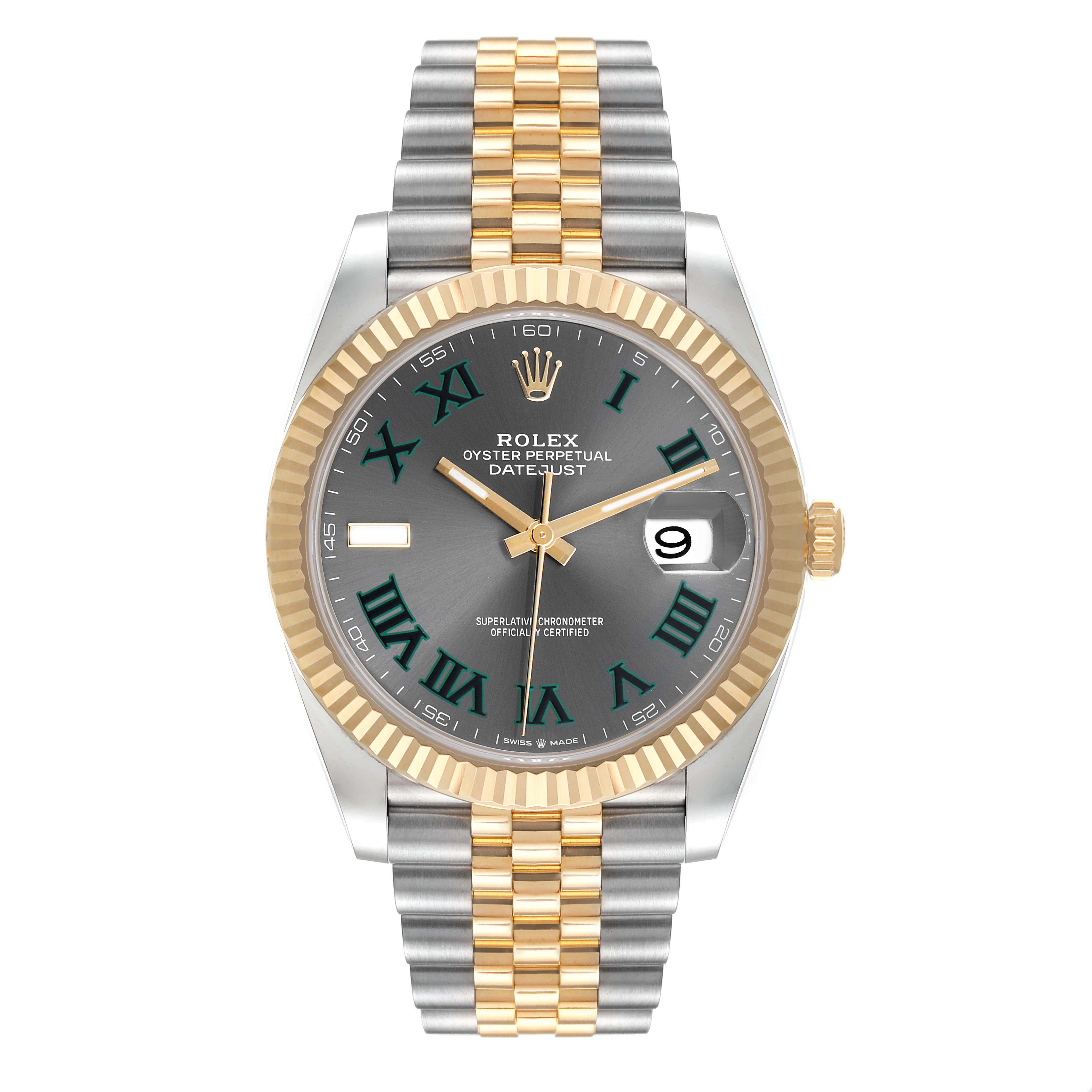 The Rolex Datejust 41 126333 Men's Steel and Gold (two tone) Grey Dial 126333 Men's Steel and Gold (two tone) Grey Dial watch is shown from the front, displaying its dial, hands, date, and two-tone bracelet.
