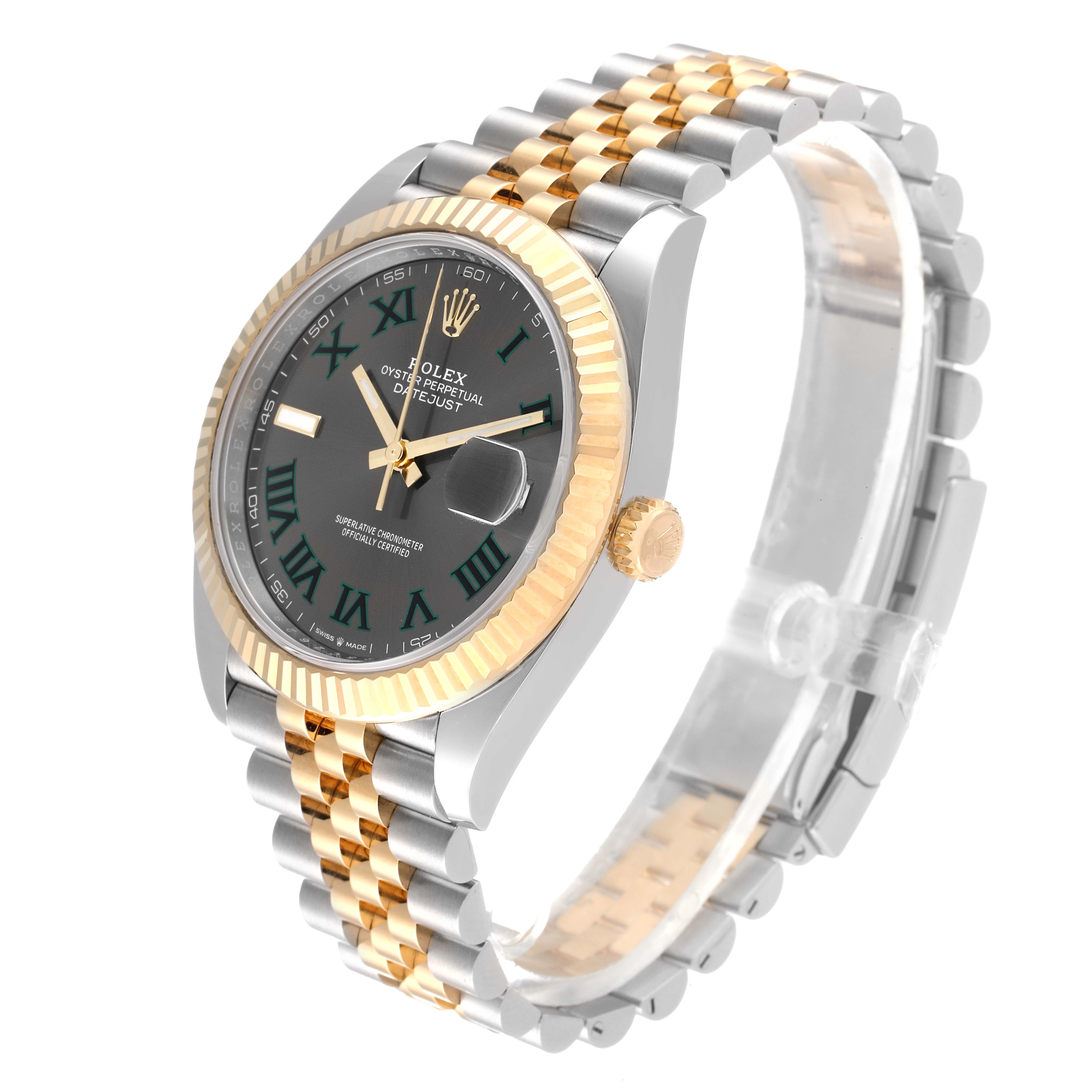 The Rolex Datejust 41 126333 Men's Steel and Gold (two tone) Grey Dial 126333 Men's Steel and Gold (two tone) Grey Dial watch is shown from an angled side view, displaying the face, bezel, crown, and bracelet.