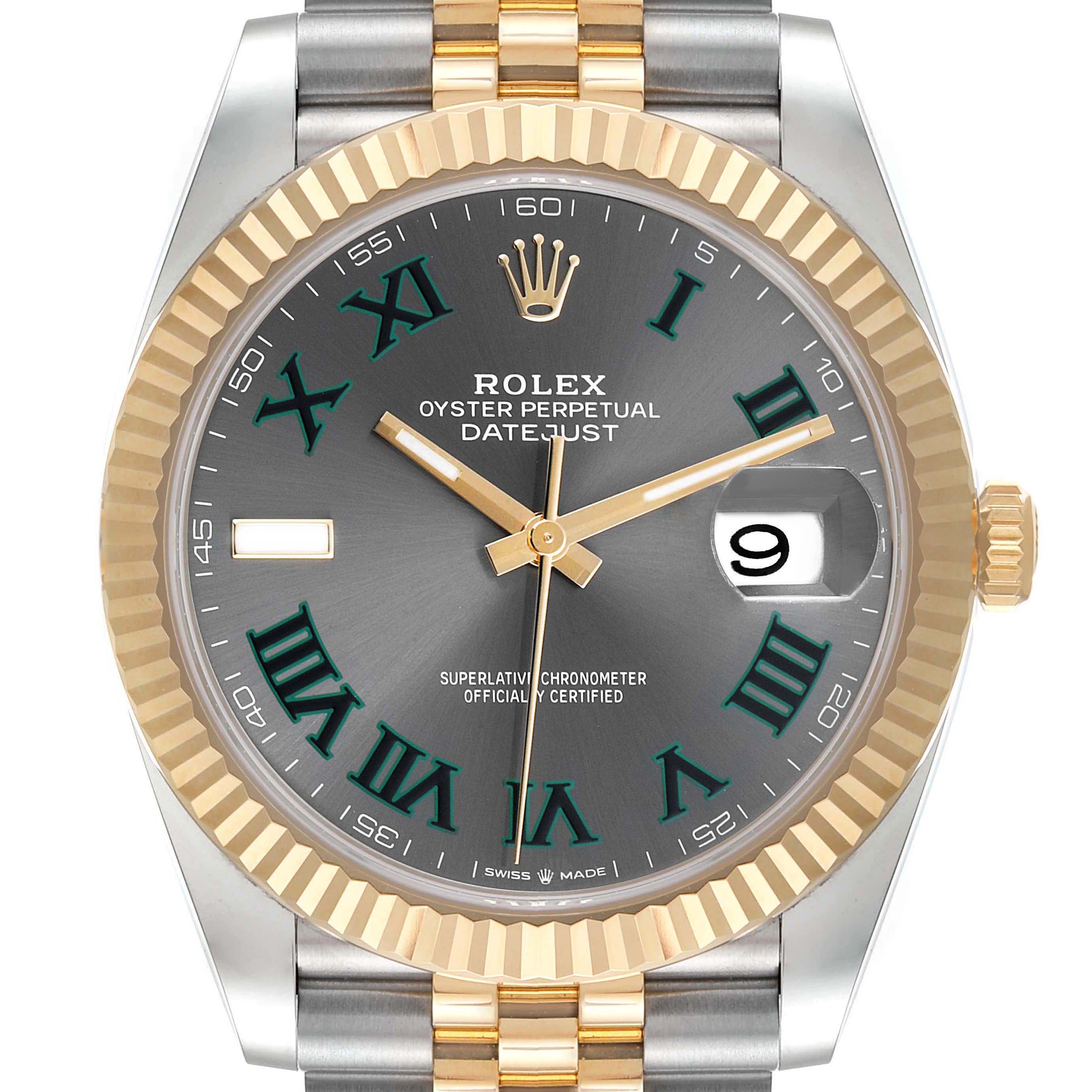 This is a front view of a Rolex Datejust 41 126333 Men's Steel and Gold (two tone) Grey Dial 126333 Men's Steel and Gold (two tone) Grey Dial watch showing the dial, bezel, and part of the bracelet.