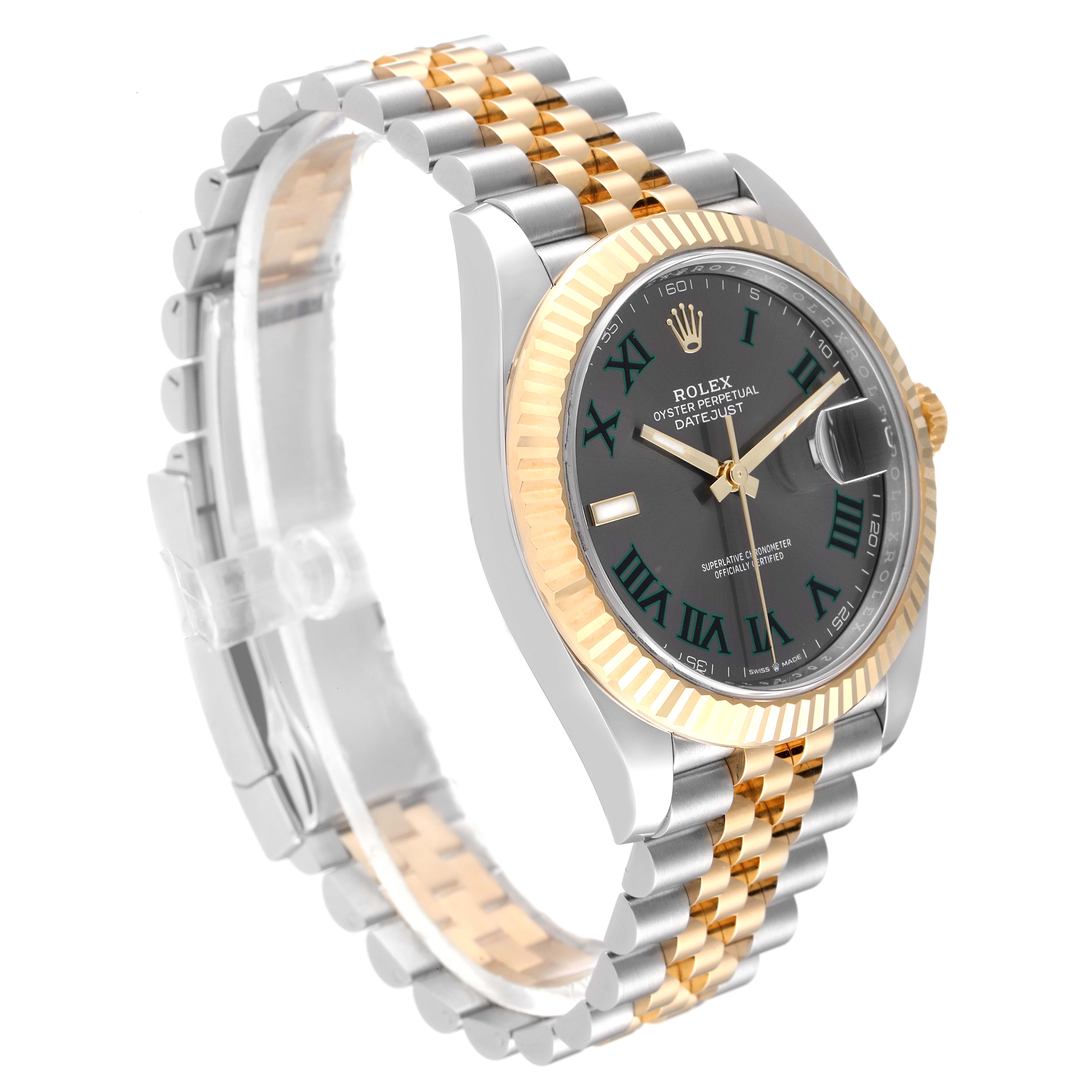 The image shows a Rolex Datejust 41 126333 Men's Steel and Gold (two tone) Grey Dial 126333 Men's Steel and Gold (two tone) Grey Dial model watch at an oblique angle, displaying the face, case, and metal bracelet.