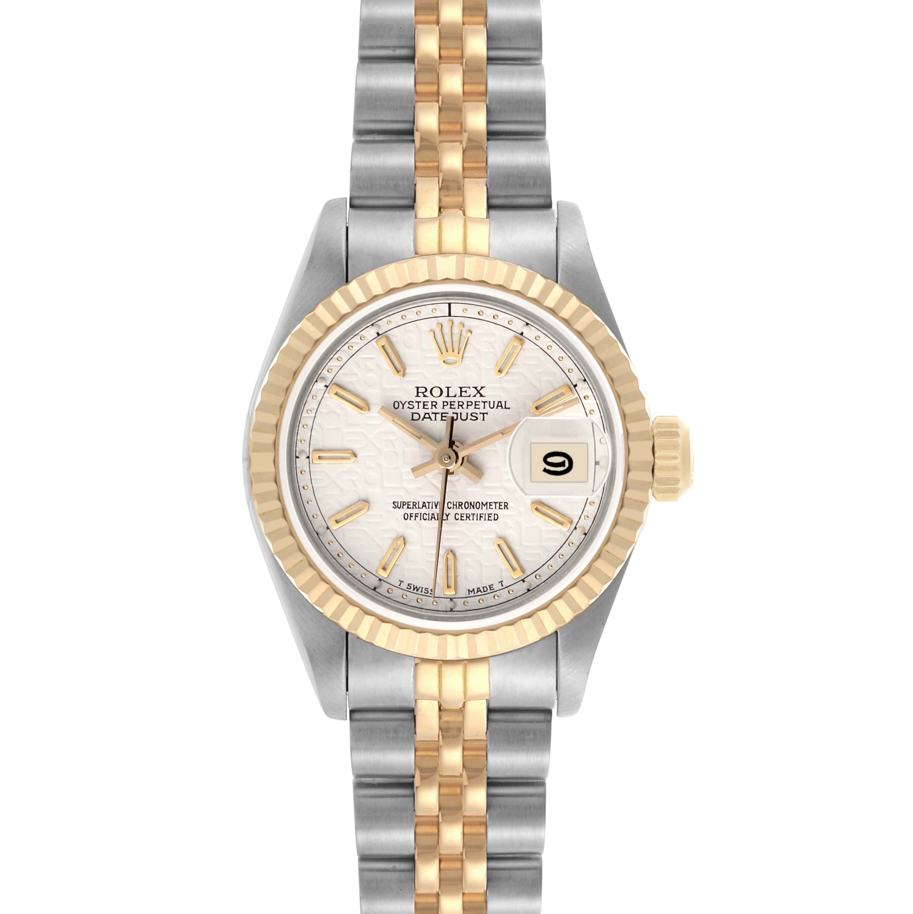 The Rolex Datejust 69173 Women's Steel and Gold (two tone) Beige Dial 69173 Women's Steel and Gold (two tone) Beige Dial is shown from a front view, highlighting the dial, bezel, and bracelet.
