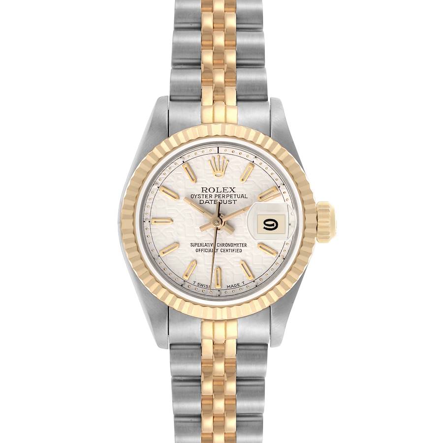 The Rolex Datejust is shown from a front view, highlighting the dial, bezel, and bracelet.