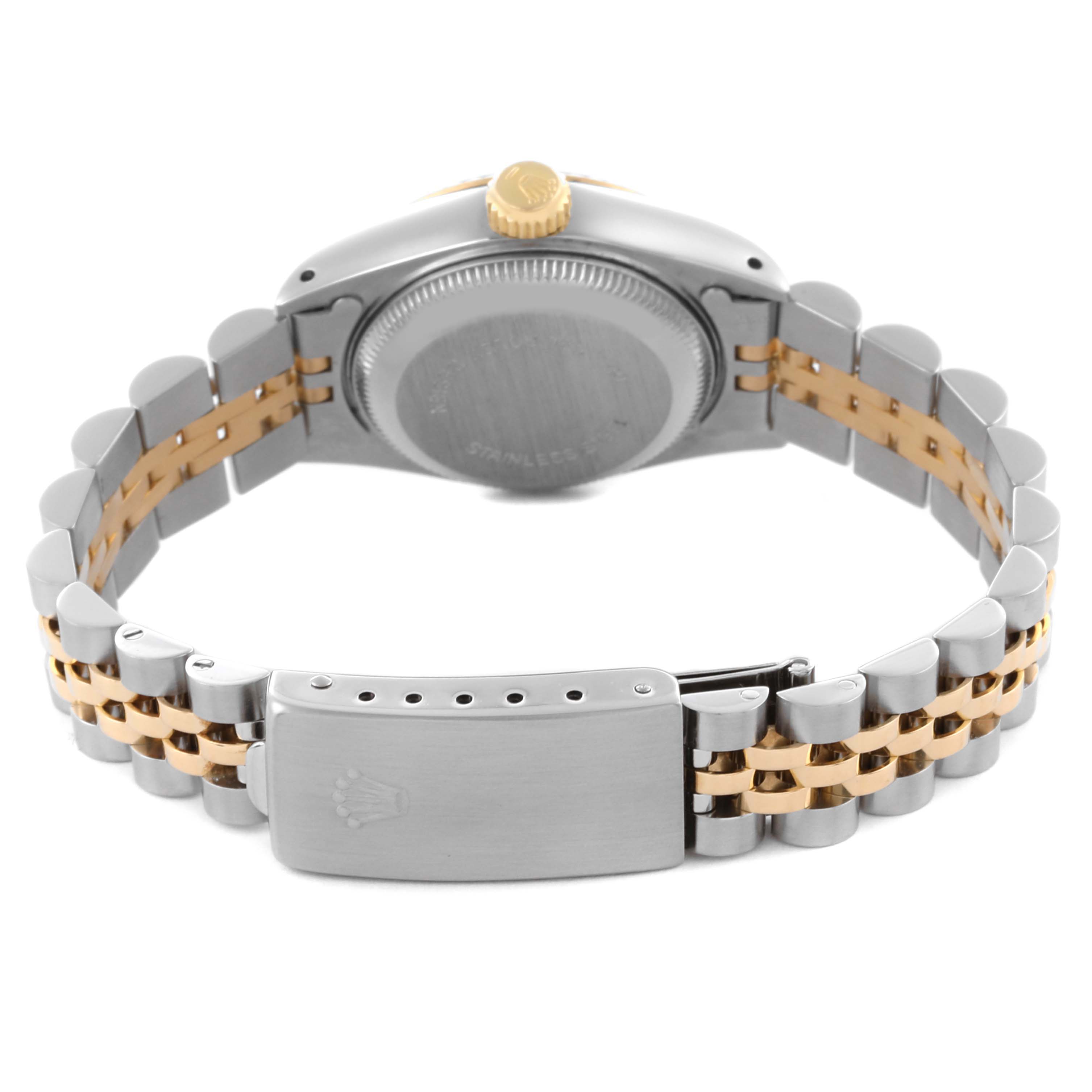 The image shows the back of the Rolex Datejust 69173 Women's Steel and Gold (two tone) Beige Dial 69173 Women's Steel and Gold (two tone) Beige Dial watch, highlighting the clasp, bracelet, and case back from a rear angle.