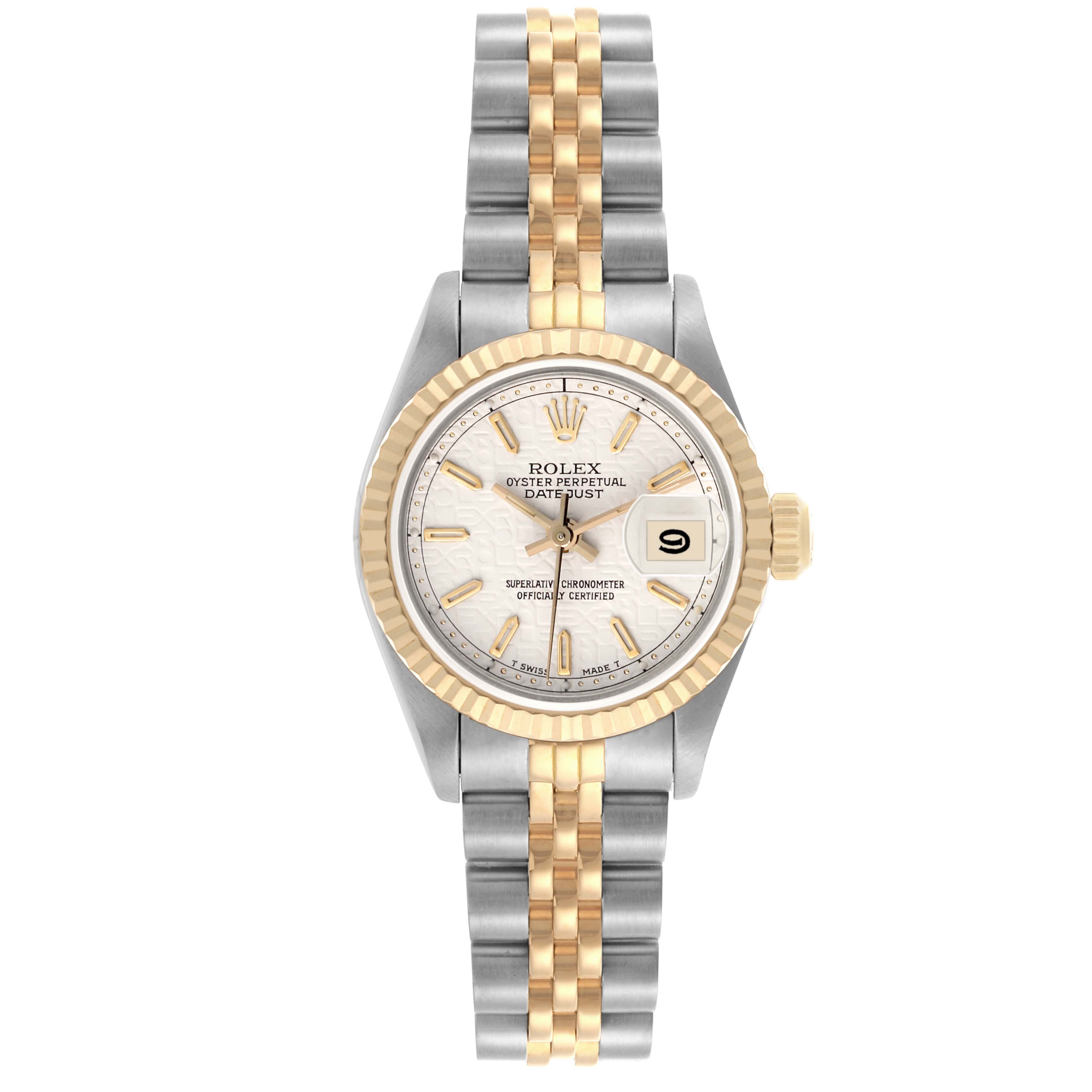 The Rolex Datejust 69173 Women's Steel and Gold (two tone) Beige Dial 69173 Women's Steel and Gold (two tone) Beige Dial watch is shown from a front angle, displaying the face, two-tone bracelet, bezel, and crown.