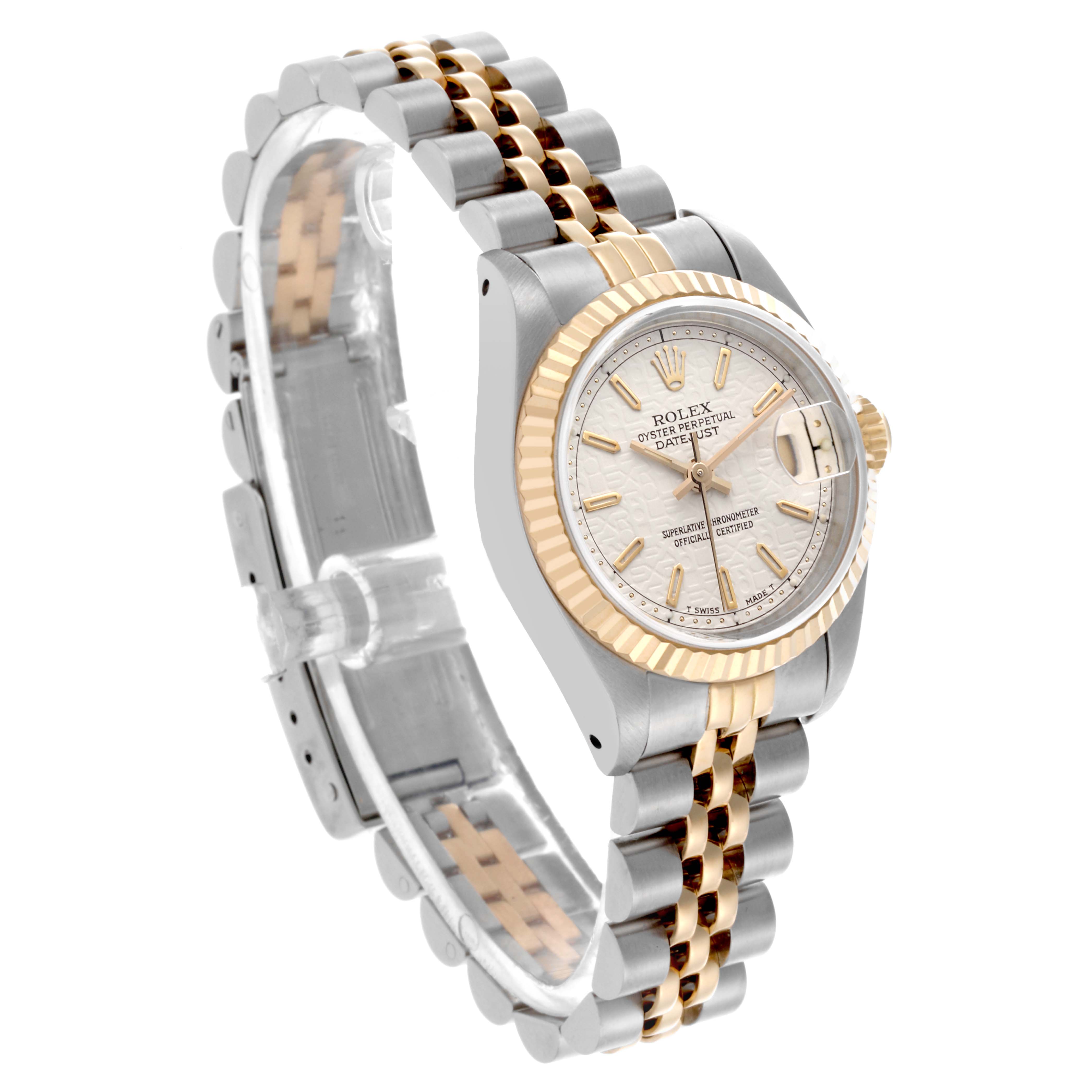 The image shows a Rolex Datejust 69173 Women's Steel and Gold (two tone) Beige Dial 69173 Women's Steel and Gold (two tone) Beige Dial watch at a three-quarter angle, highlighting the dial, fluted bezel, and two-tone Jubilee bracelet.
