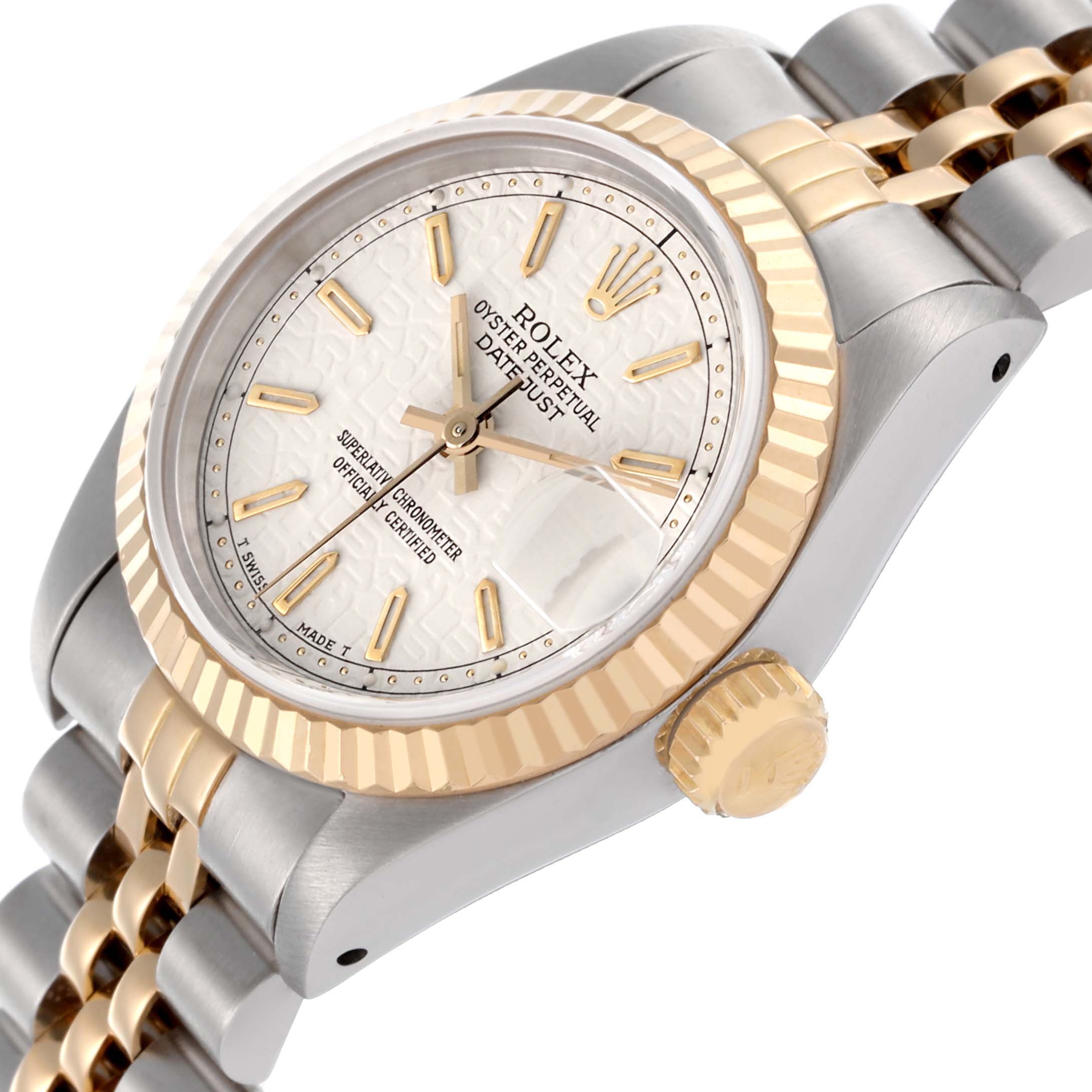 The Rolex Datejust 69173 Women's Steel and Gold (two tone) Beige Dial 69173 Women's Steel and Gold (two tone) Beige Dial watch is angled to show the dial, bezel, crown, and part of the bracelet.