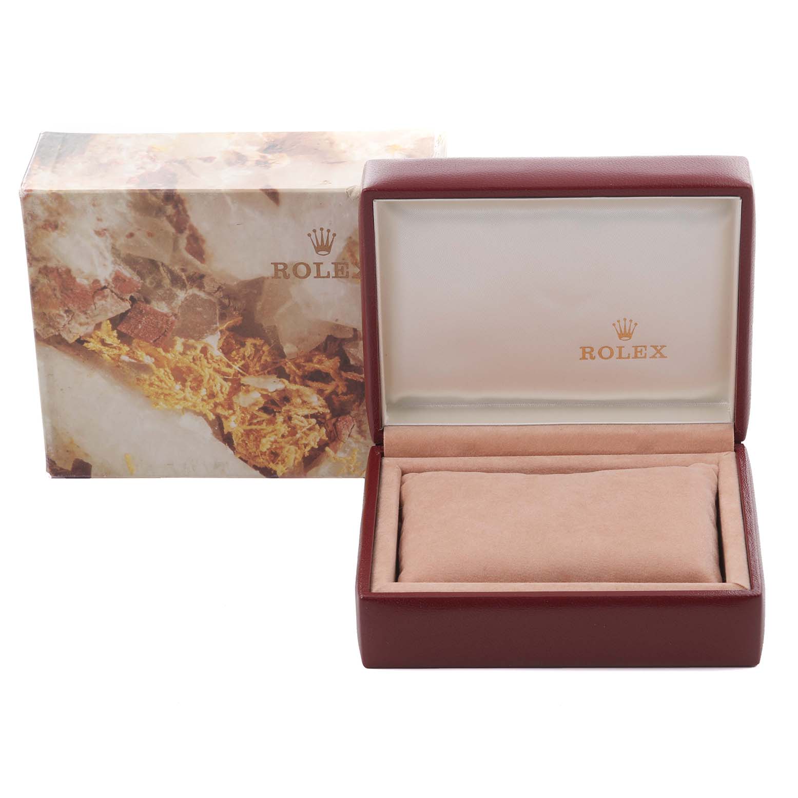 The image shows a Rolex Datejust 69173 Women's Steel and Gold (two tone) Beige Dial 69173 Women's Steel and Gold (two tone) Beige Dial box and cushion from a front angle, highlighting the interior and outer packaging.