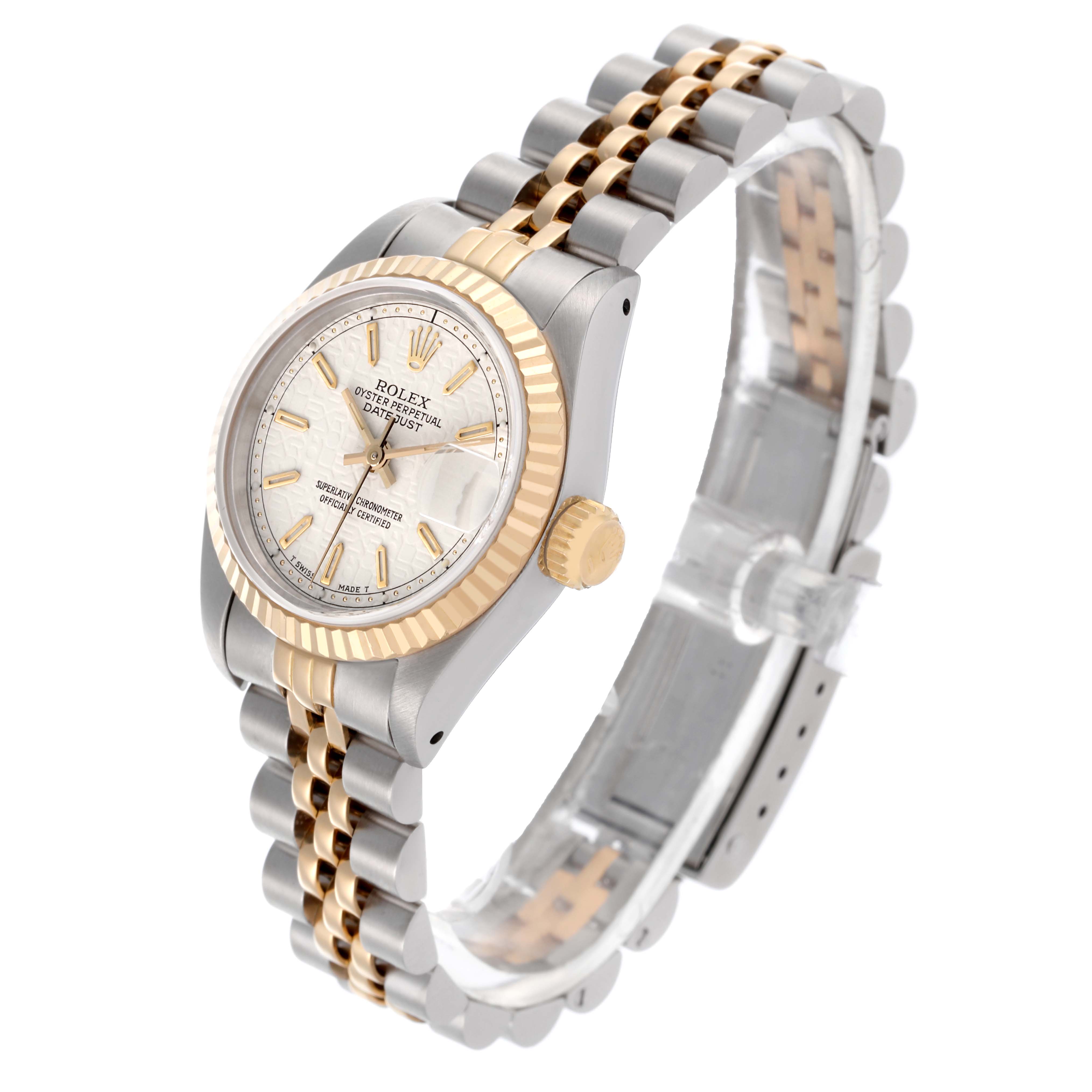 The Rolex Datejust 69173 Women's Steel and Gold (two tone) Beige Dial 69173 Women's Steel and Gold (two tone) Beige Dial watch is shown at an angle highlighting its face, bezel, crown, and the Jubilee bracelet.
