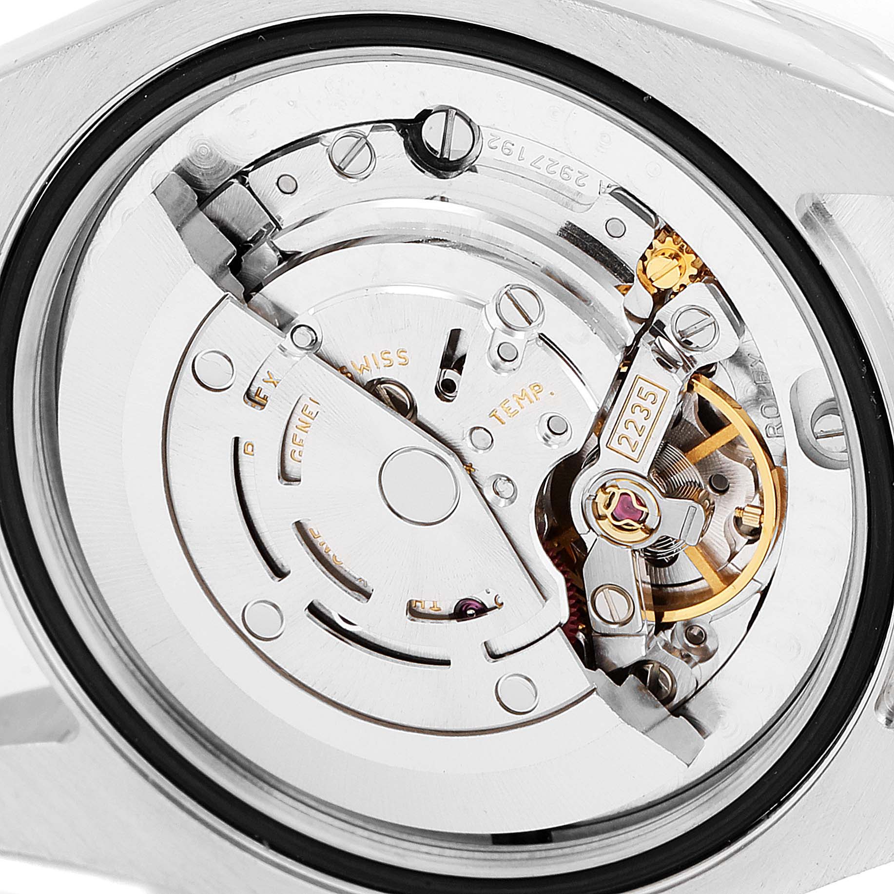 This image shows the internal movement mechanism of a Rolex Mid-Size 178384 Women's Stainless Steel Grey Dial 178384 Women's Stainless Steel Grey Dial model watch, viewed from a close, top-down angle.