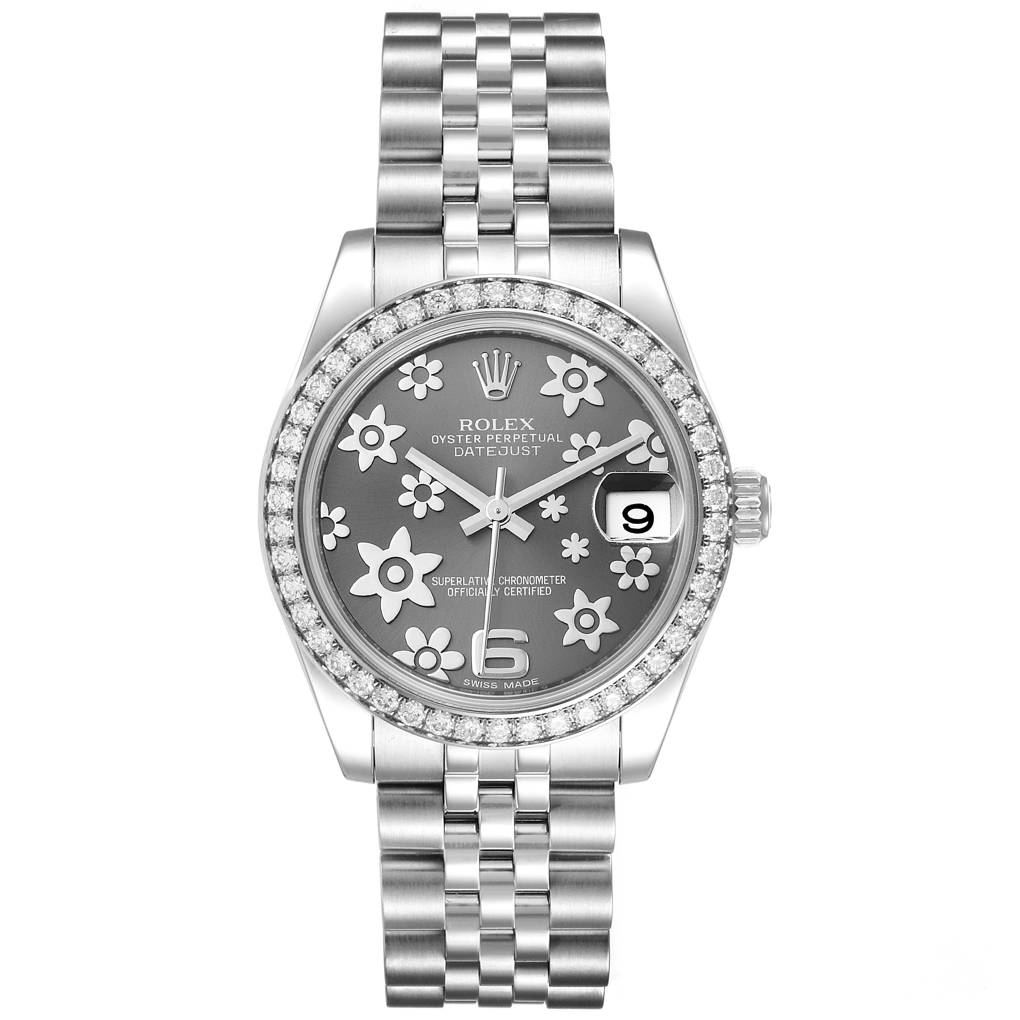 The image shows a front view of a Rolex Mid-Size 178384 Women's Stainless Steel Grey Dial 178384 Women's Stainless Steel Grey Dial Datejust watch, displaying its floral-patterned dial, bracelet, and diamond bezel.