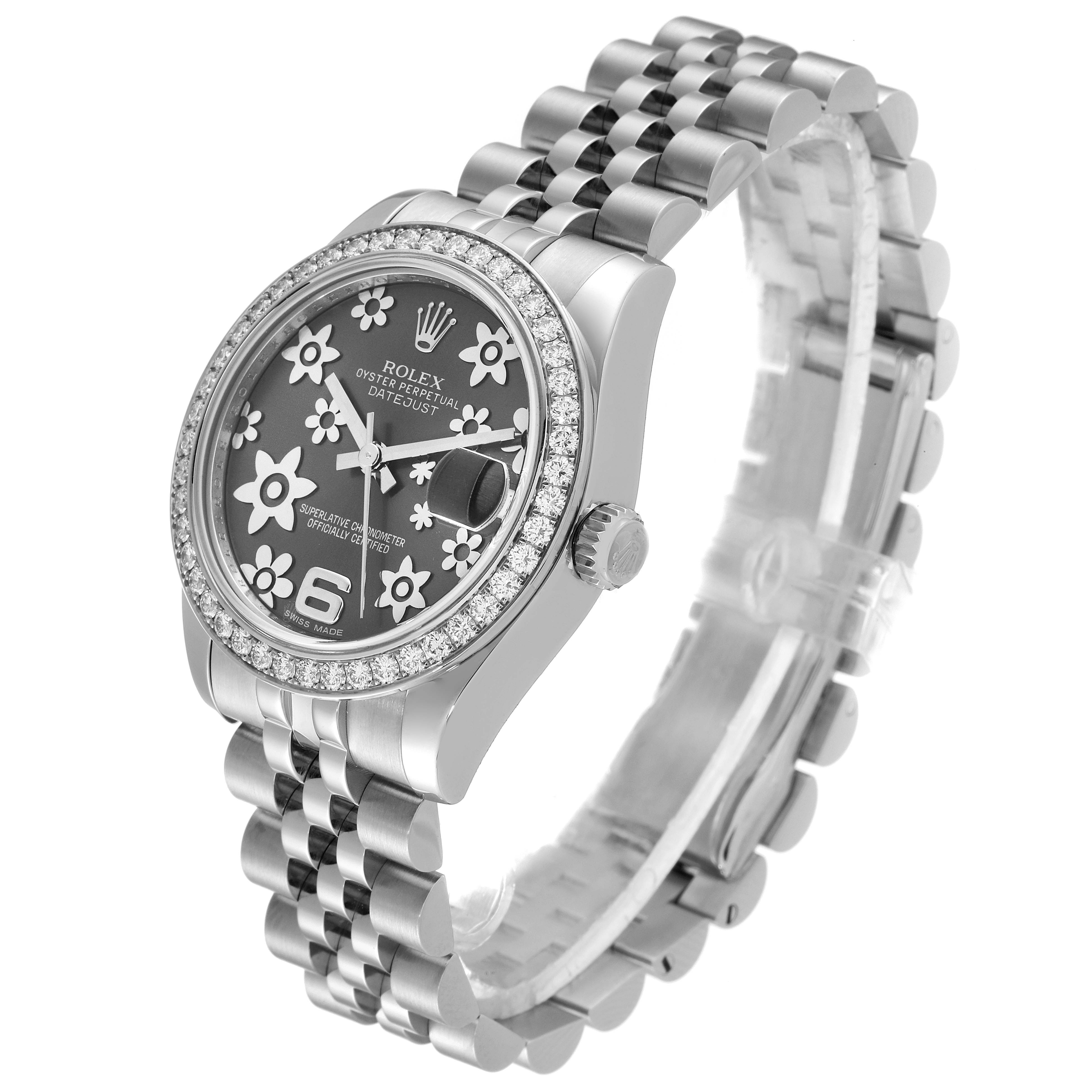 This image shows a Rolex Oyster Perpetual Datejust Mid-Size watch at a three-quarter angle, highlighting the dial, bezel, crown, and bracelet.