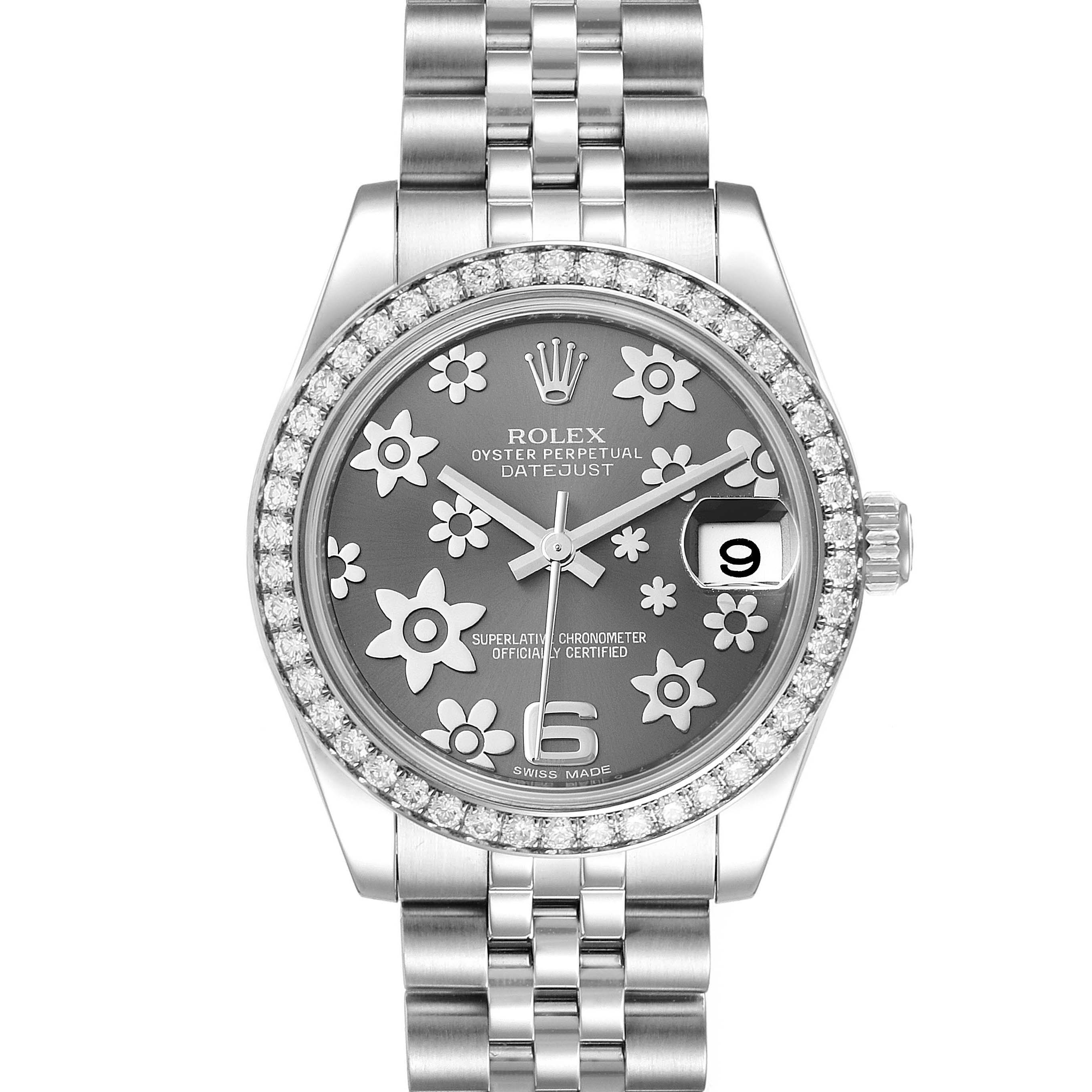 The image shows a front view of a Rolex Datejust Mid-Size watch with a floral dial and diamond bezel.