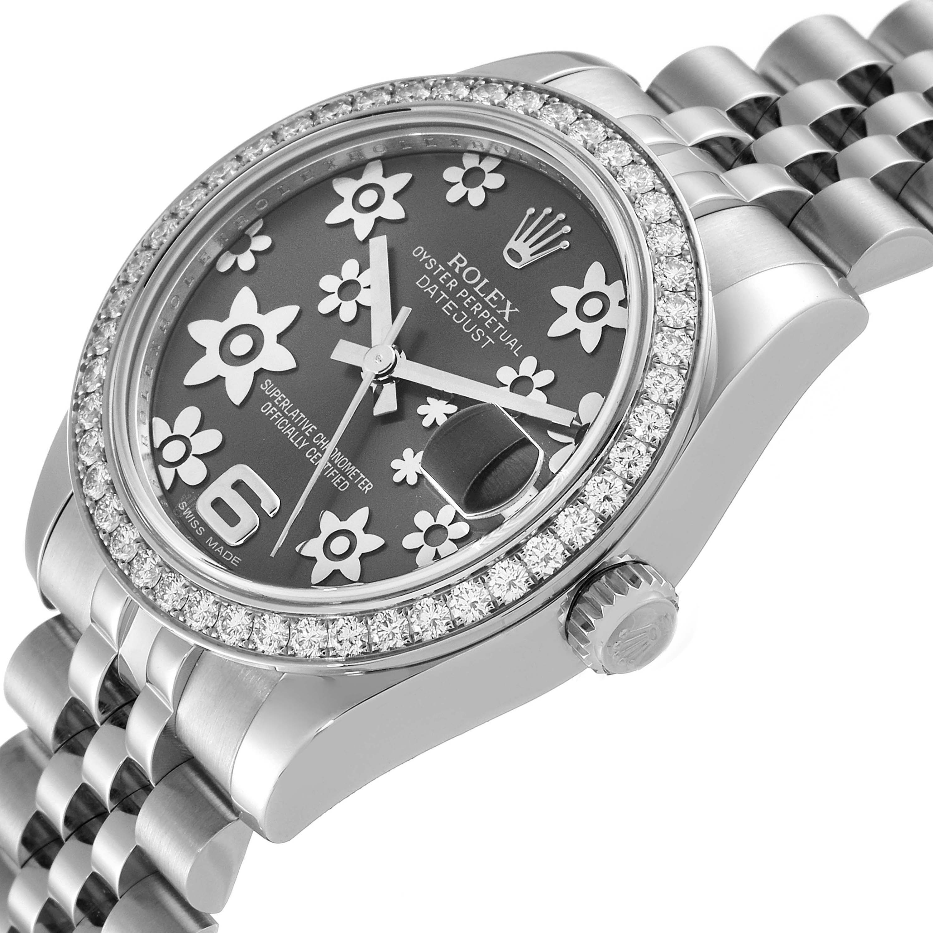 This image shows a close-up side angle of a Rolex Mid-Size 178384 Women's Stainless Steel Grey Dial 178384 Women's Stainless Steel Grey Dial Oyster Perpetual Datejust watch, featuring the dial, bezel, and part of the bracelet.