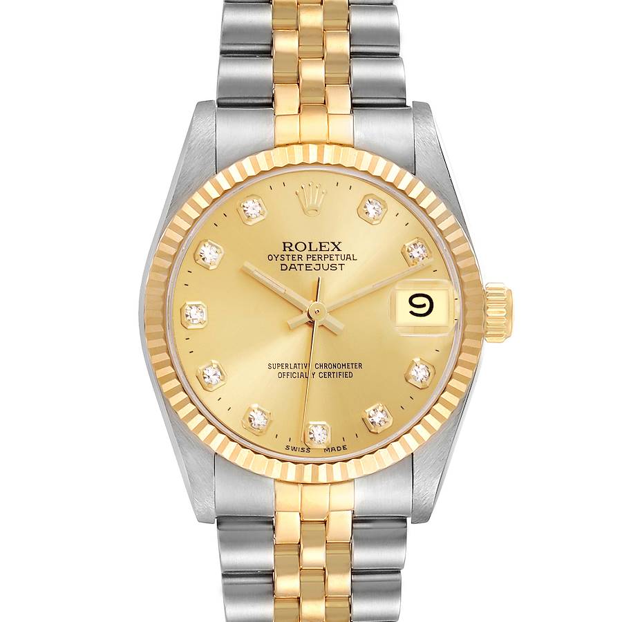 The Rolex Mid-Size watch is shown from the front, highlighting its gold dial, date feature, and two-tone bracelet.