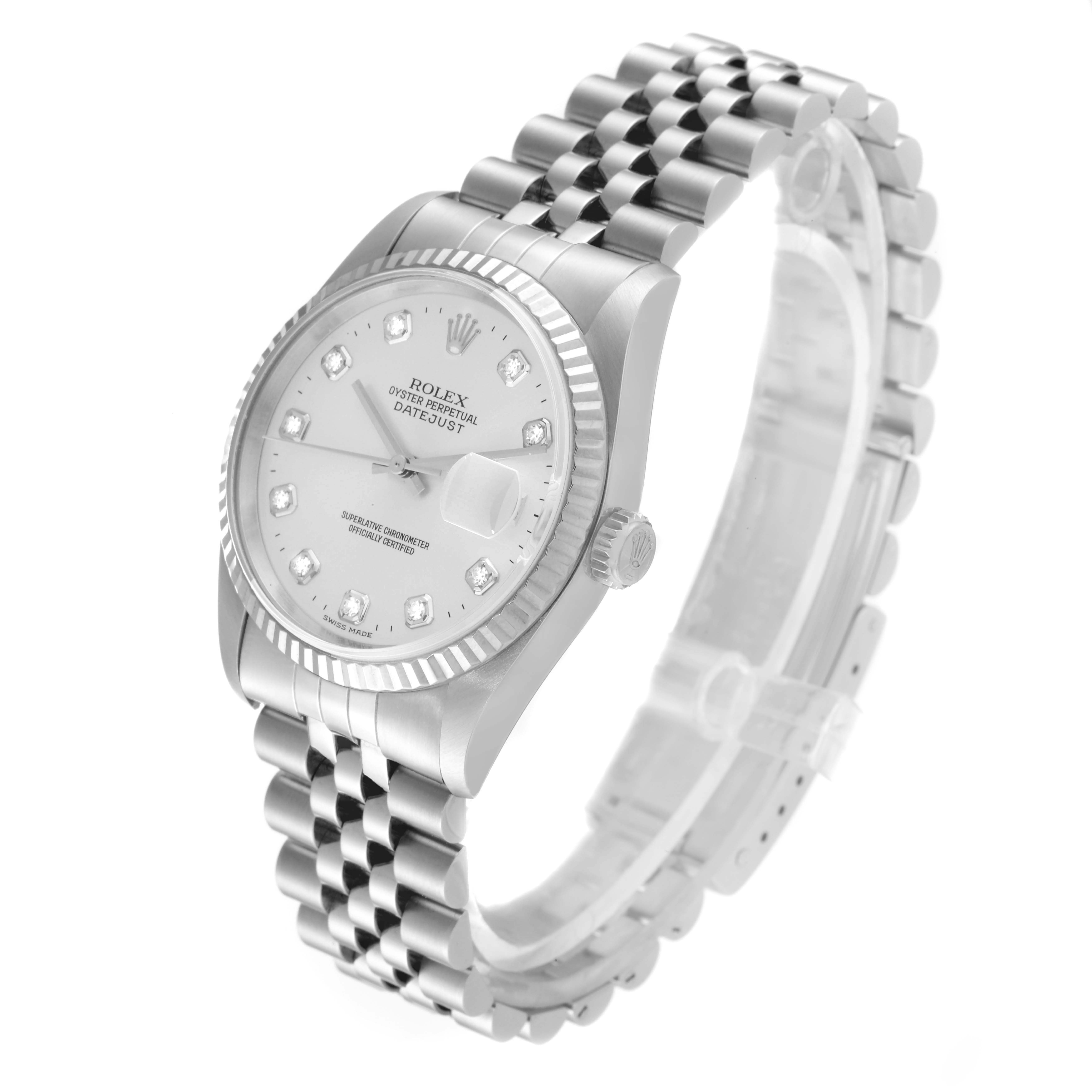 This image shows a Rolex Datejust 16234 Men's Stainless Steel Silver Dial 16234 Men's Stainless Steel Silver Dial watch at a slight side angle, highlighting its face, bezel, and partially open bracelet.