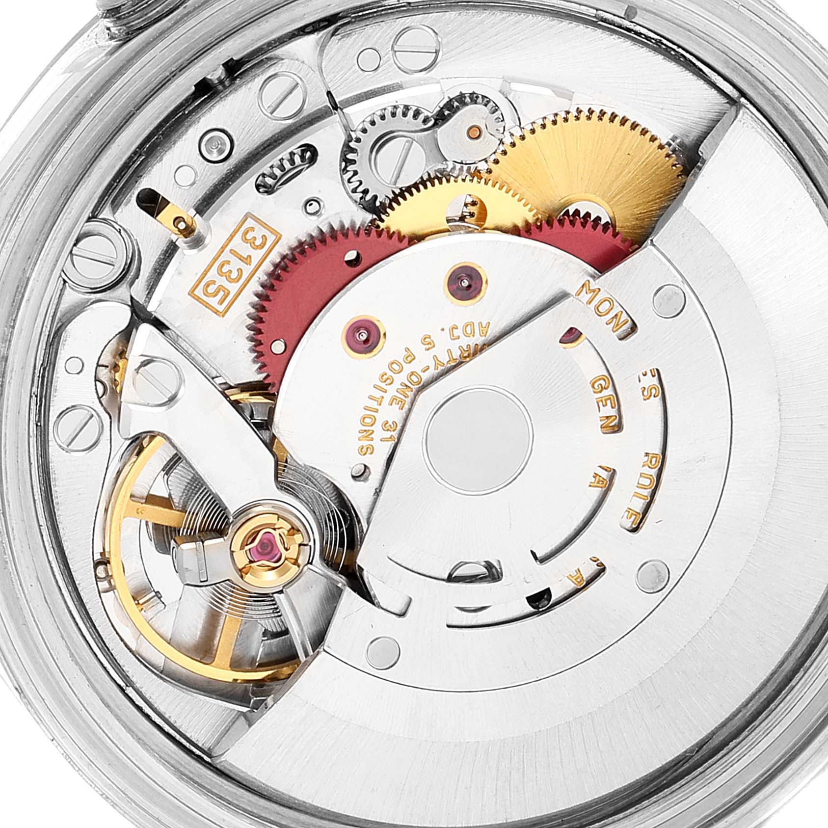 The image shows the internal mechanical movement of a Rolex Datejust 16234 Men's Stainless Steel Silver Dial 16234 Men's Stainless Steel Silver Dial watch at a close-up angle.