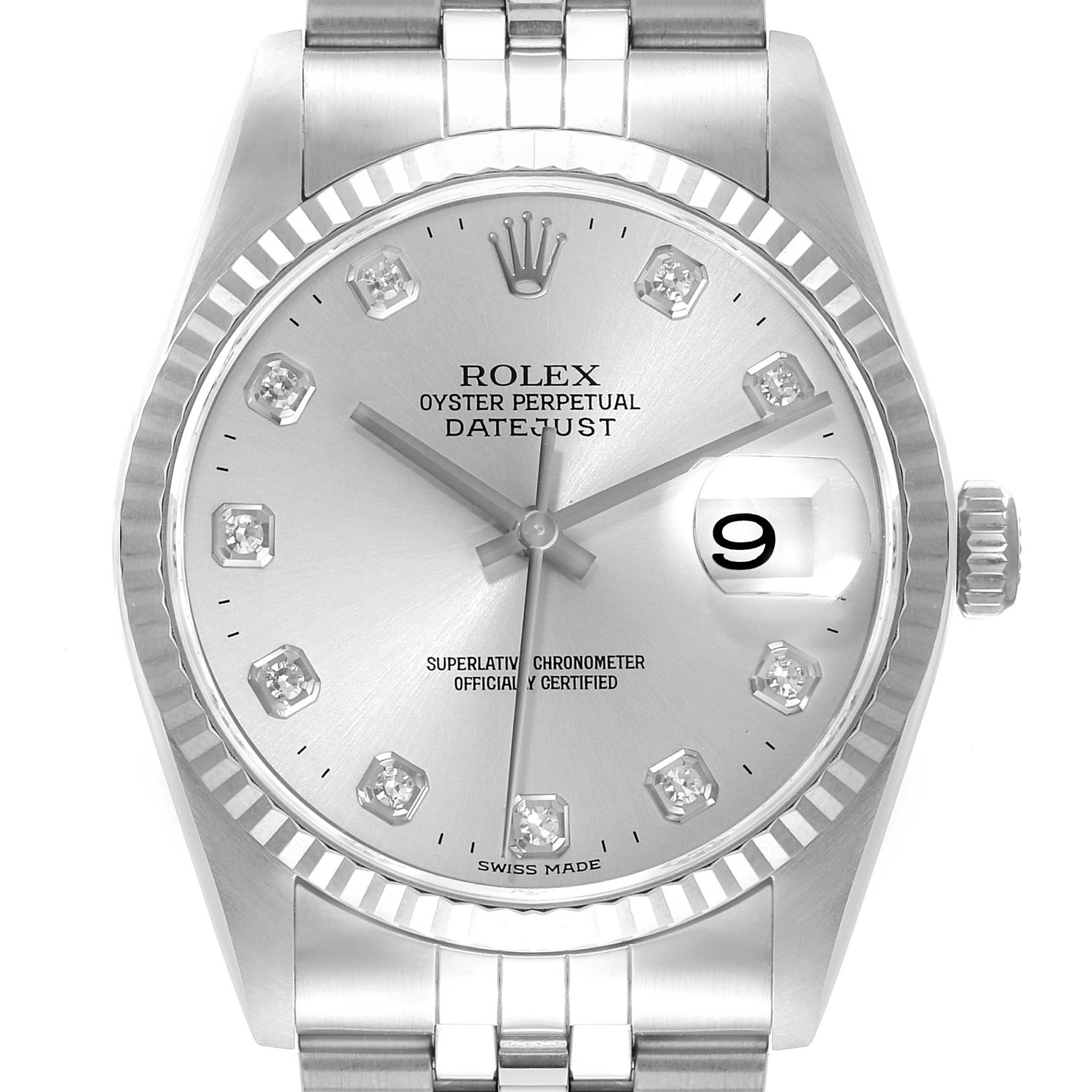 The image shows a head-on view of a Rolex Datejust 16234 Men's Stainless Steel Silver Dial 16234 Men's Stainless Steel Silver Dial watch, highlighting the dial, bezel, and part of the bracelet.