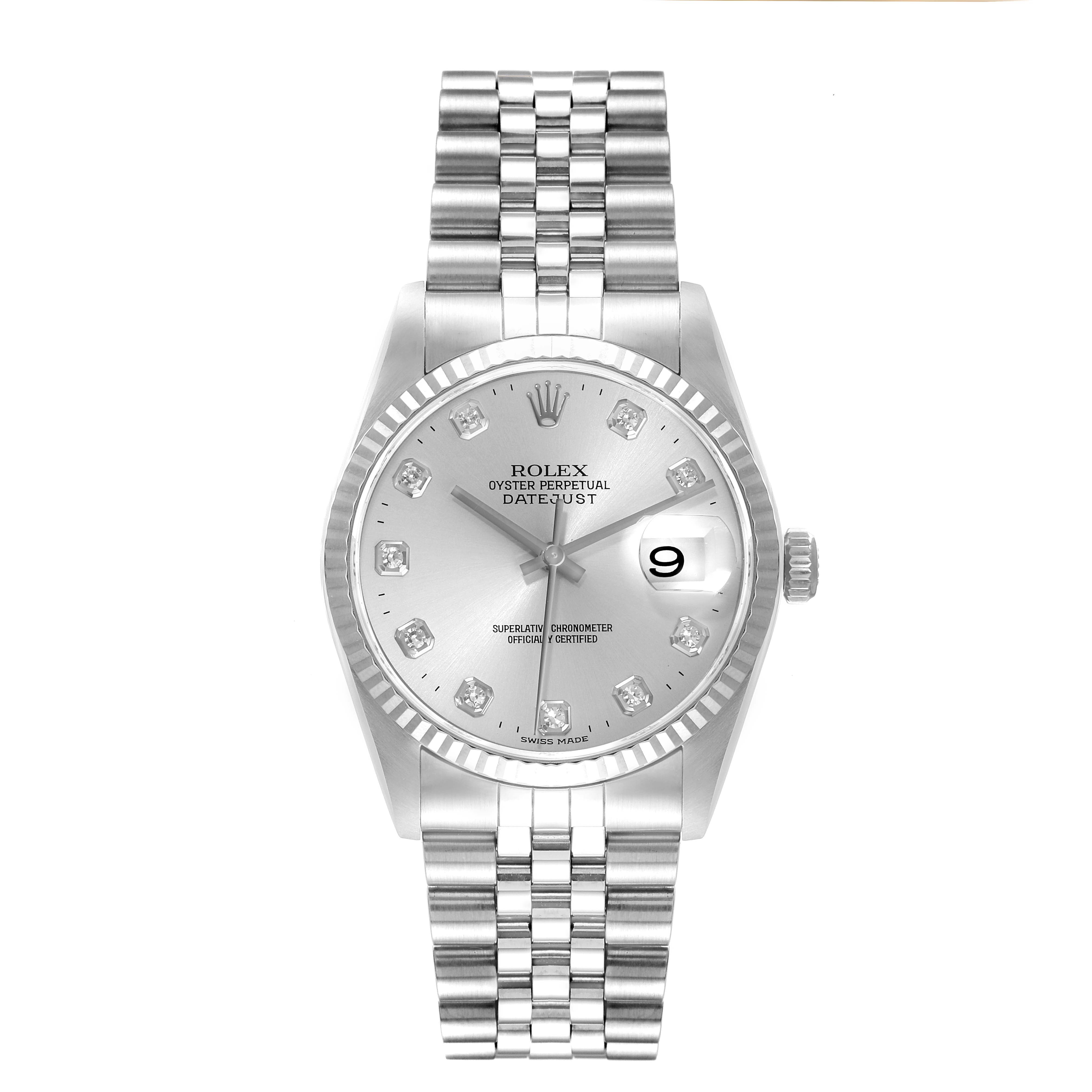 This image shows a Rolex Datejust 16234 Men's Stainless Steel Silver Dial 16234 Men's Stainless Steel Silver Dial watch from a front angle, featuring its dial, bezel, and bracelet.