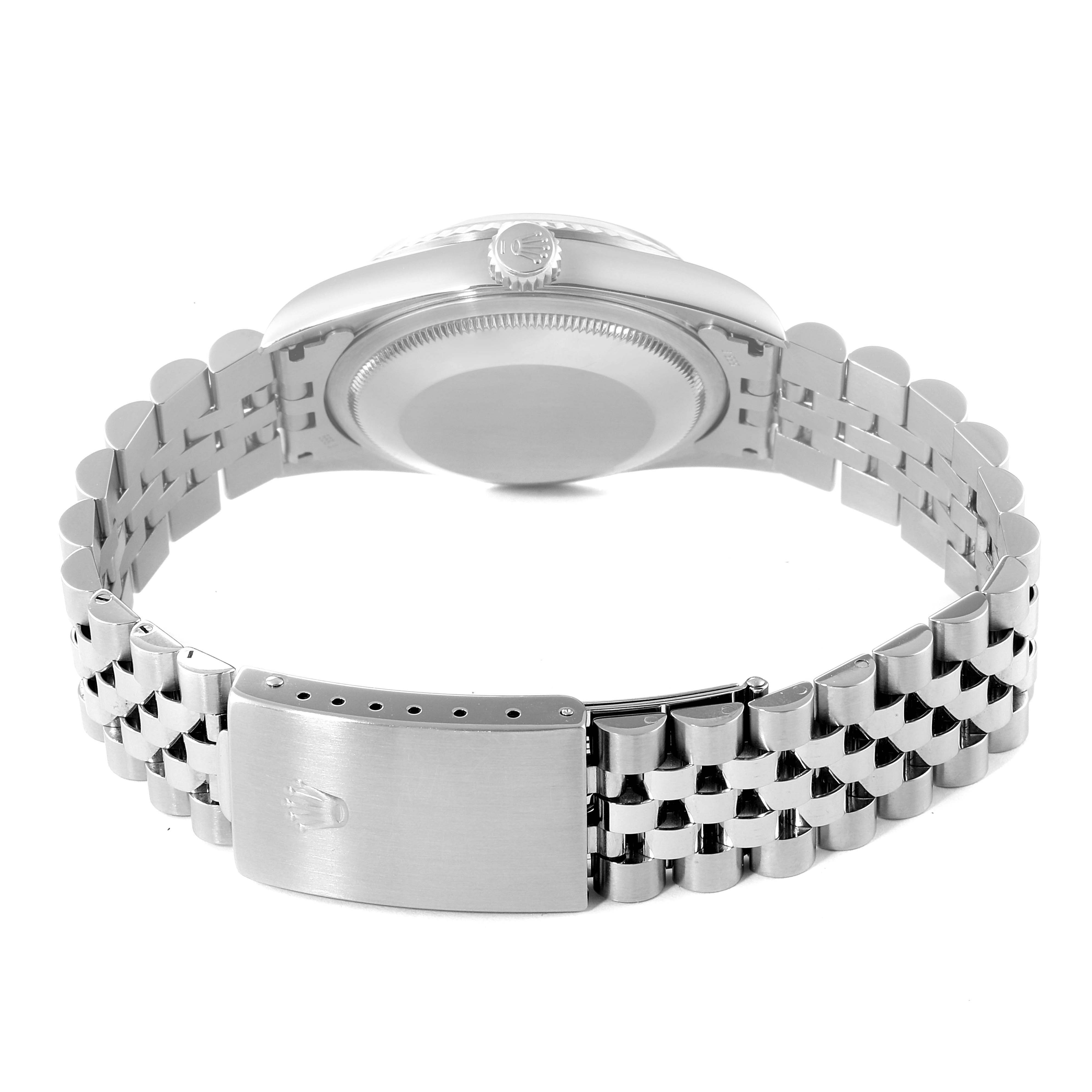 The image shows the backside and band of a Rolex Datejust 16234 Men's Stainless Steel Silver Dial 16234 Men's Stainless Steel Silver Dial watch, highlighting its clasp and bracelet links.