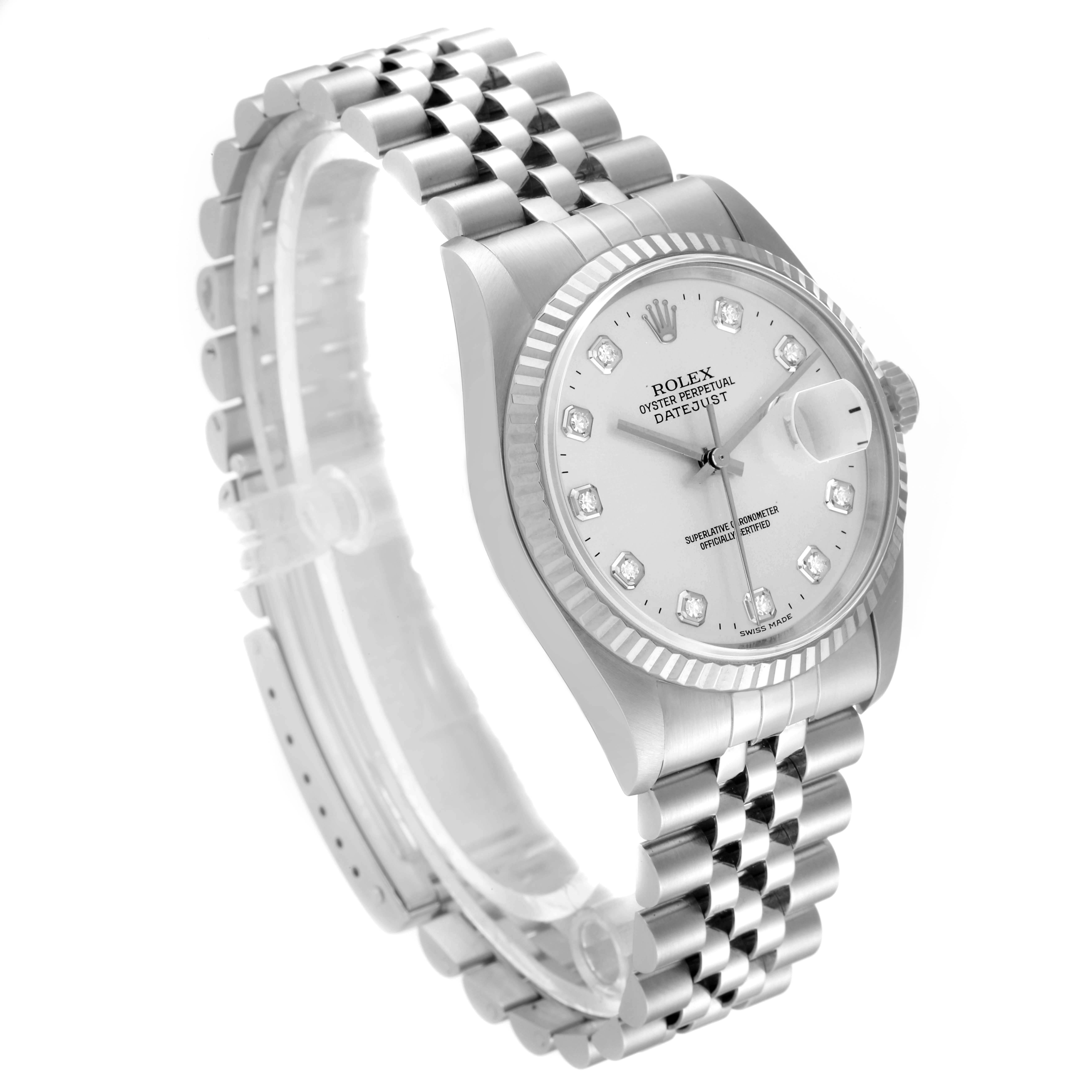 The Rolex Datejust 16234 Men's Stainless Steel Silver Dial 16234 Men's Stainless Steel Silver Dial watch is shown at a three-quarter angle, highlighting the dial, bracelet, and bezel.