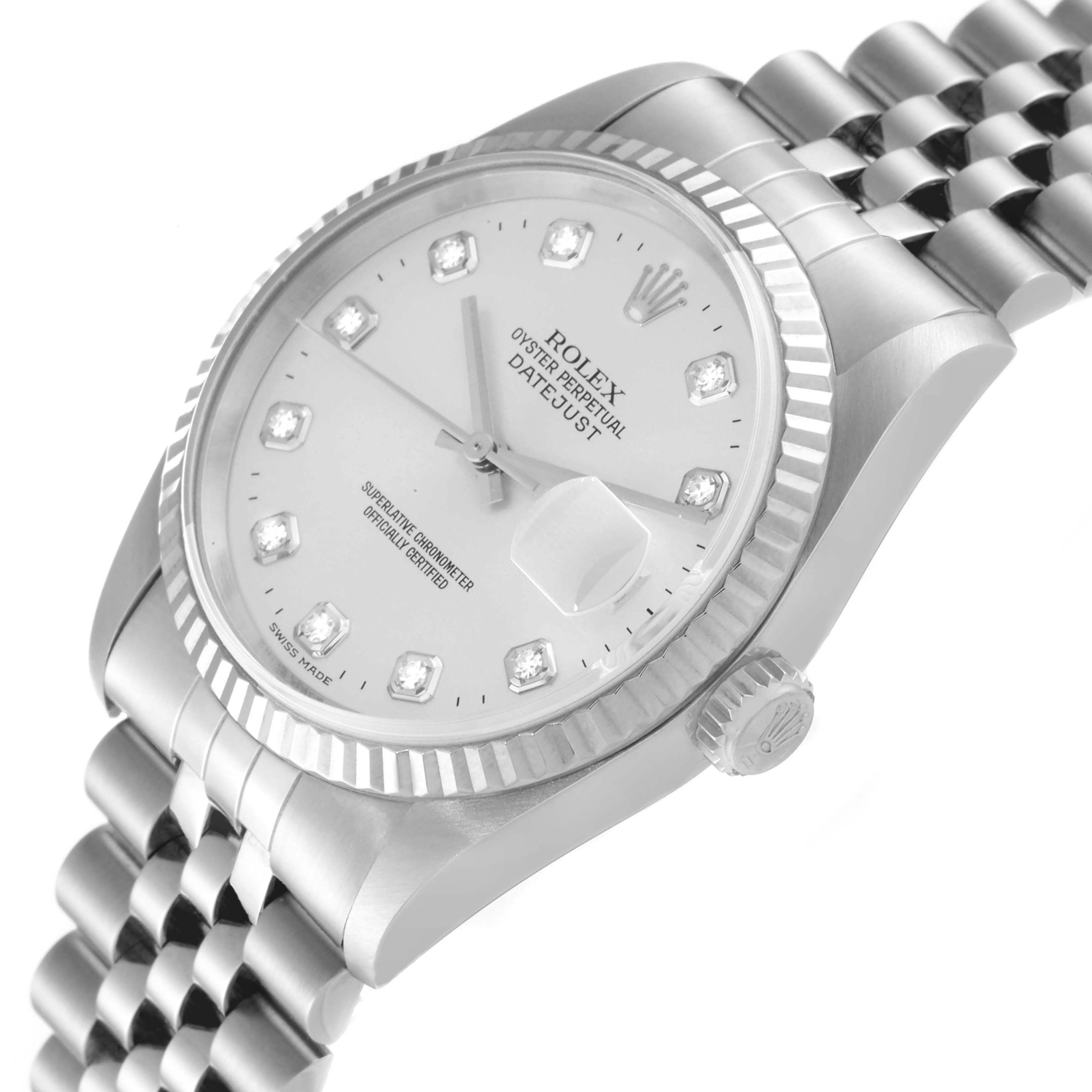 The image shows a Rolex Datejust 16234 Men's Stainless Steel Silver Dial 16234 Men's Stainless Steel Silver Dial watch at an angle highlighting the dial, bezel, crown, and part of the bracelet.