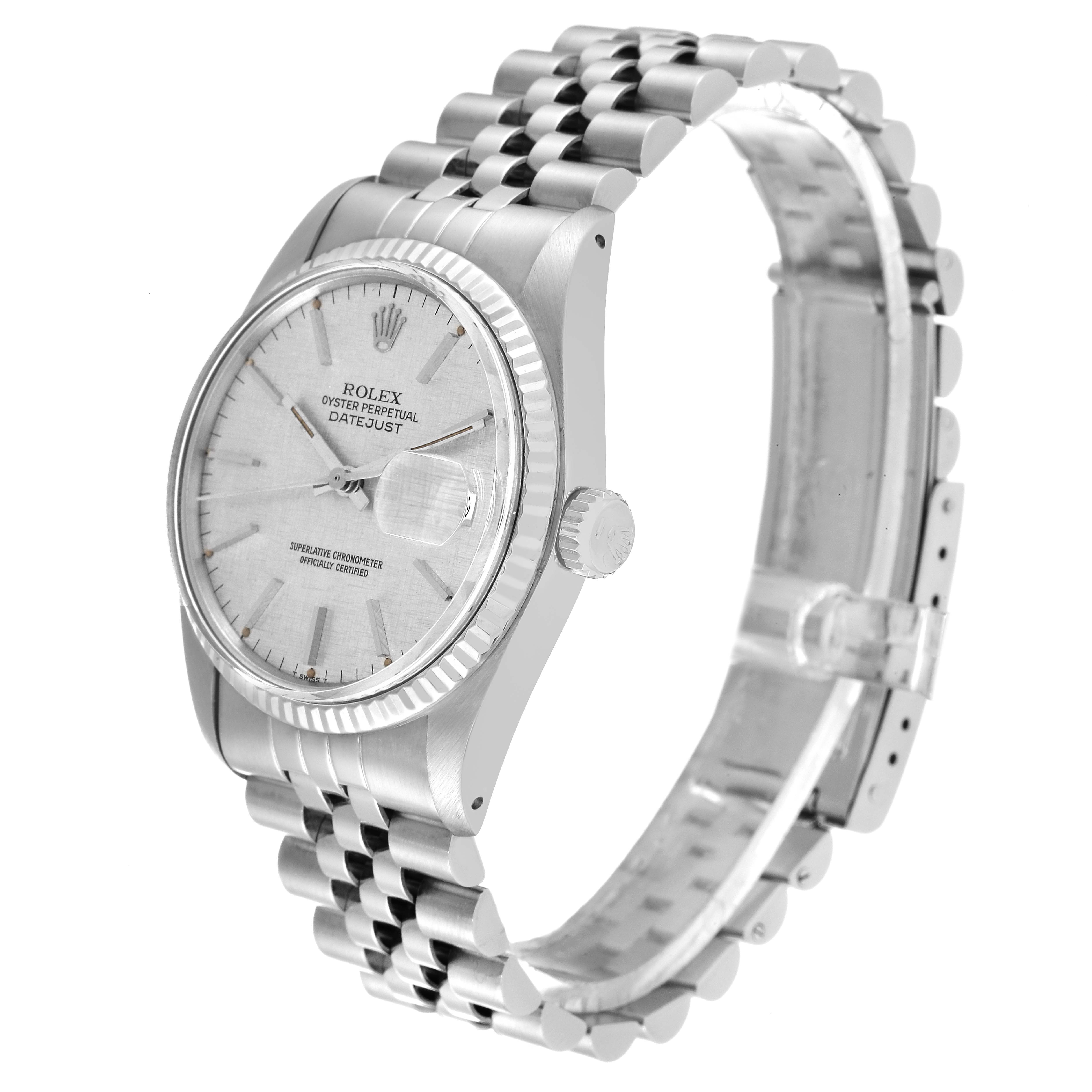 This image shows a side-angle view of the Rolex Datejust 16014 Men's Stainless Steel Silver Dial 16014 Men's Stainless Steel Silver Dial watch, highlighting its face, bezel, crown, and bracelet.