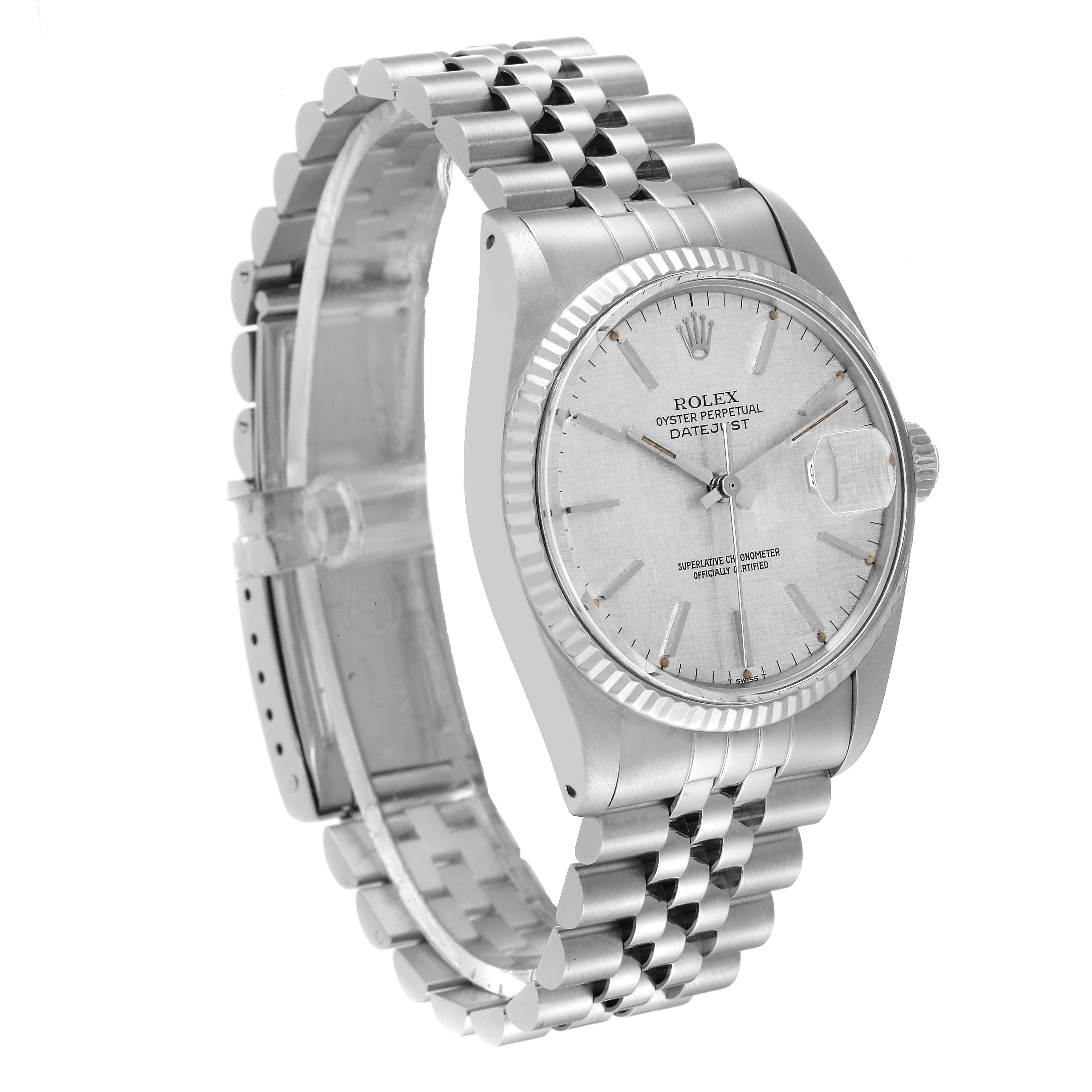 This image shows a side view of a Rolex Datejust 16014 Men's Stainless Steel Silver Dial 16014 Men's Stainless Steel Silver Dial, featuring a silver dial, fluted bezel, and Jubilee bracelet.