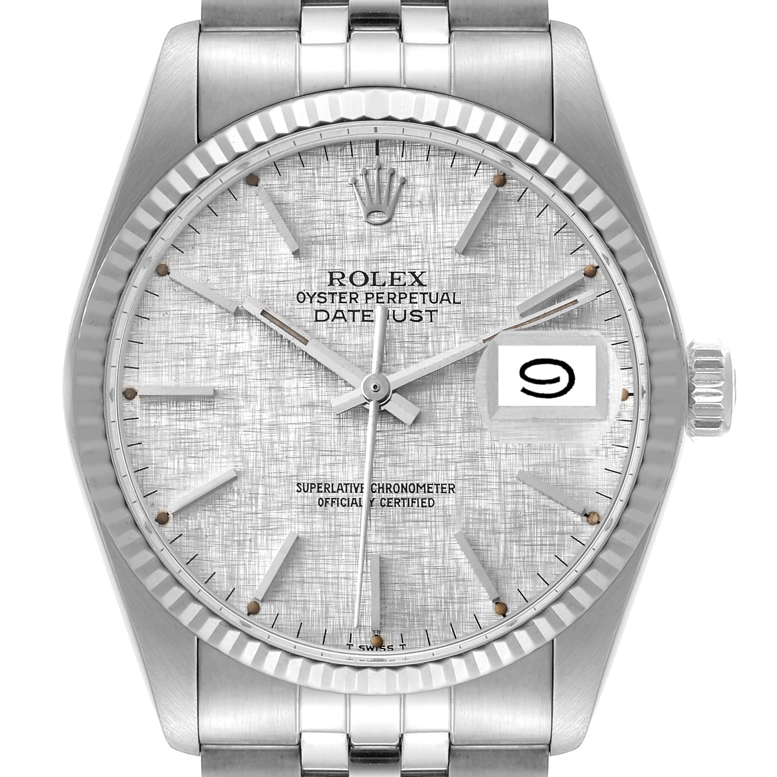 This image shows a frontal view of the dial and part of the bracelet of a Rolex Datejust 16014 Men's Stainless Steel Silver Dial 16014 Men's Stainless Steel Silver Dial watch.