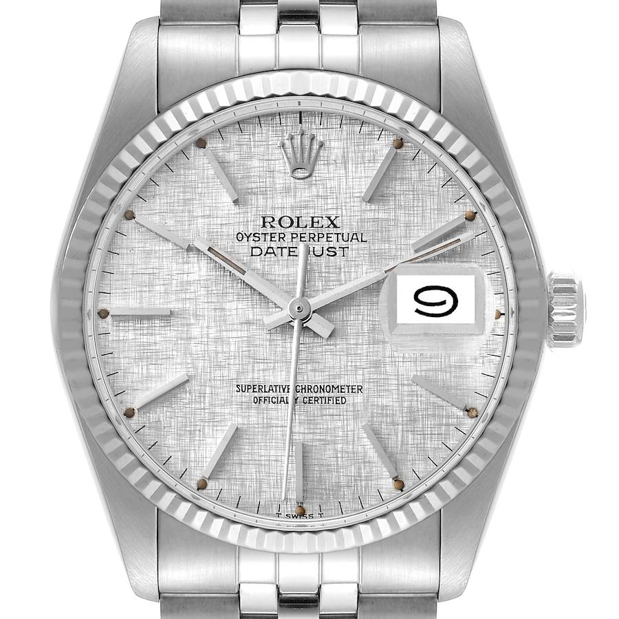 Rolex Datejust Steel White Gold Silver Linen Dial Vintage Mens Watch 16014 SwissWatchExpo