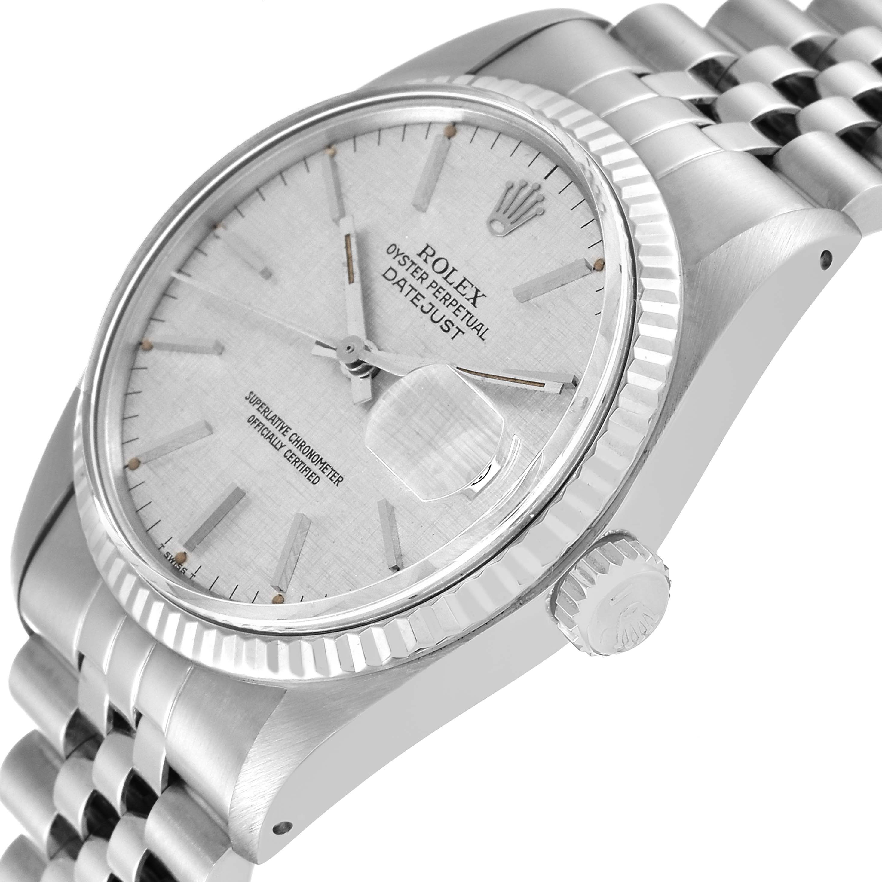 The image shows a Rolex Datejust 16014 Men's Stainless Steel Silver Dial 16014 Men's Stainless Steel Silver Dial watch from an angled side view, highlighting the dial, bezel, crown, and bracelet.