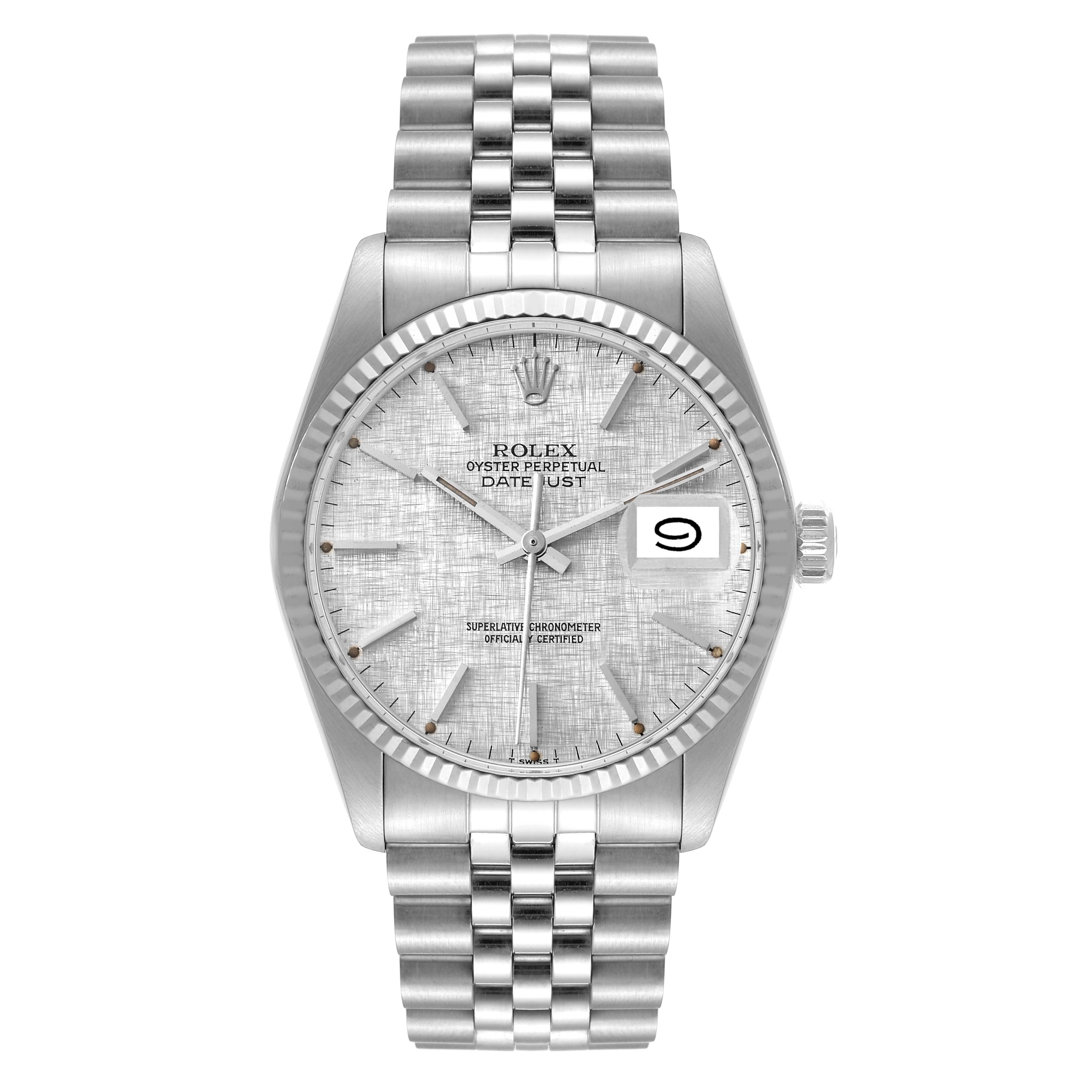 This image shows a front view of a Rolex Datejust 16014 Men's Stainless Steel Silver Dial 16014 Men's Stainless Steel Silver Dial watch, showcasing its dial, bezel, bracelet, and date window.