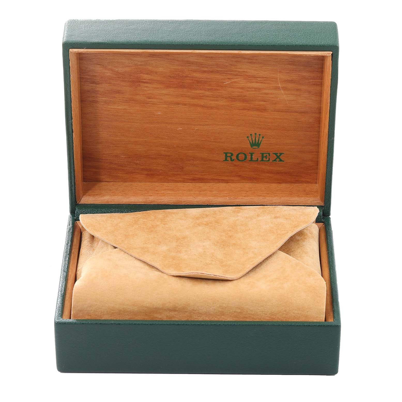 This image shows an open Rolex Datejust 16014 Men's Stainless Steel Silver Dial 16014 Men's Stainless Steel Silver Dial box with a beige suede envelope inside and the Rolex logo on the lid.
