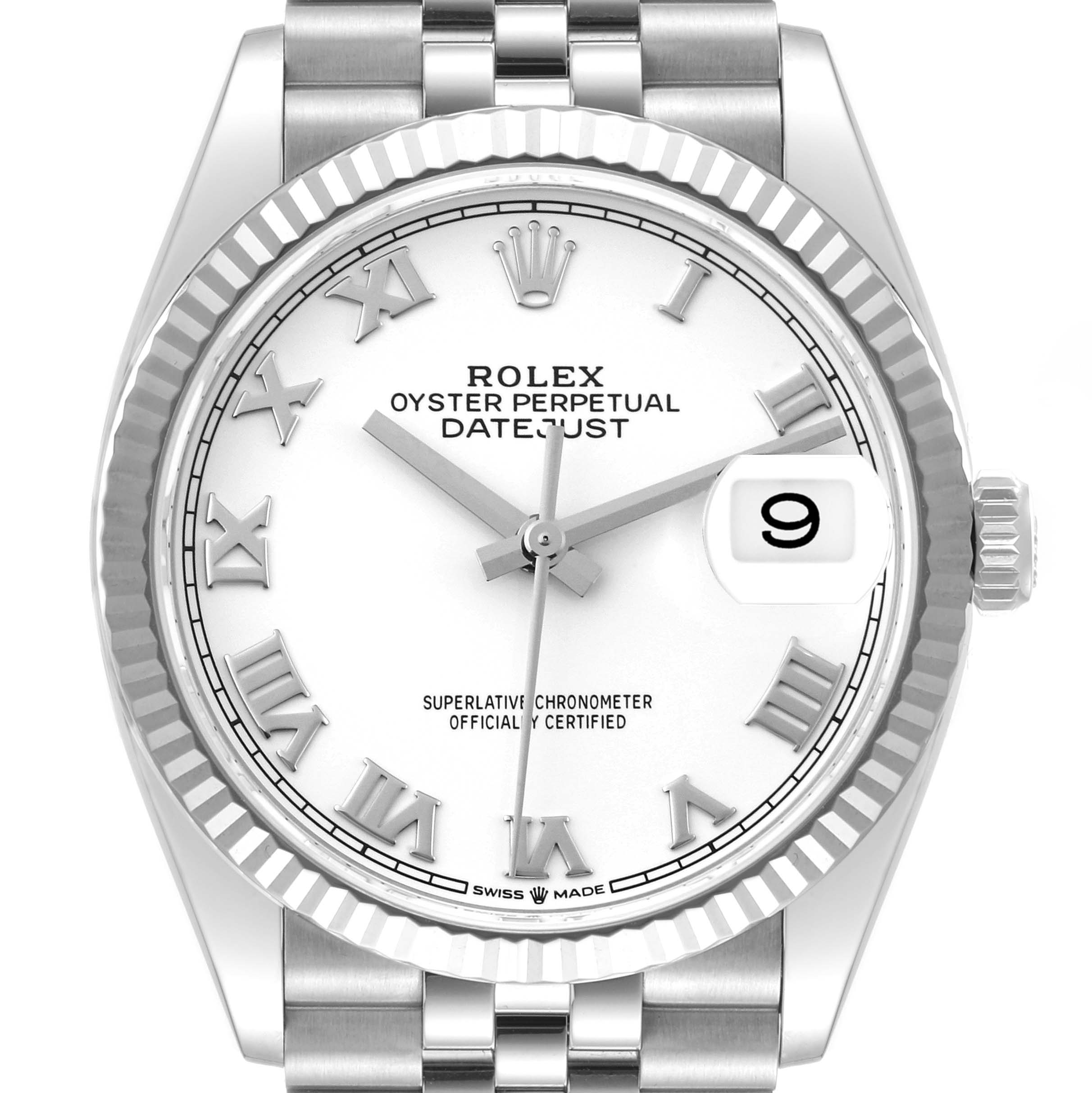 This is a front view of a Rolex Datejust 126234 Men's Stainless Steel White Dial 126234 Men's Stainless Steel White Dial watch, showing the dial, fluted bezel, date window, and part of the bracelet.