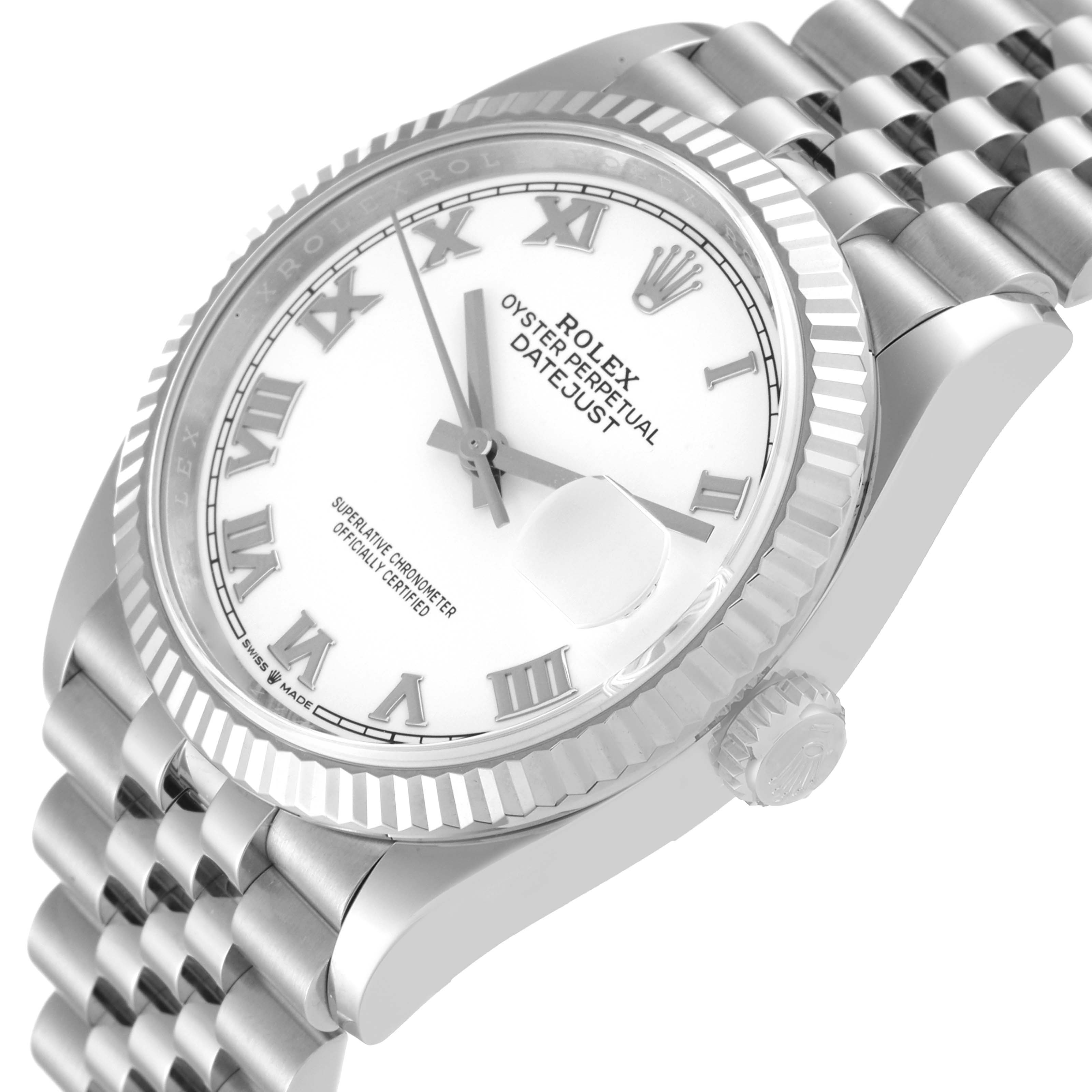 The image shows a side angle of the Rolex Datejust 126234 Men's Stainless Steel White Dial 126234 Men's Stainless Steel White Dial watch, highlighting the case, crown, bezel, and part of the bracelet.