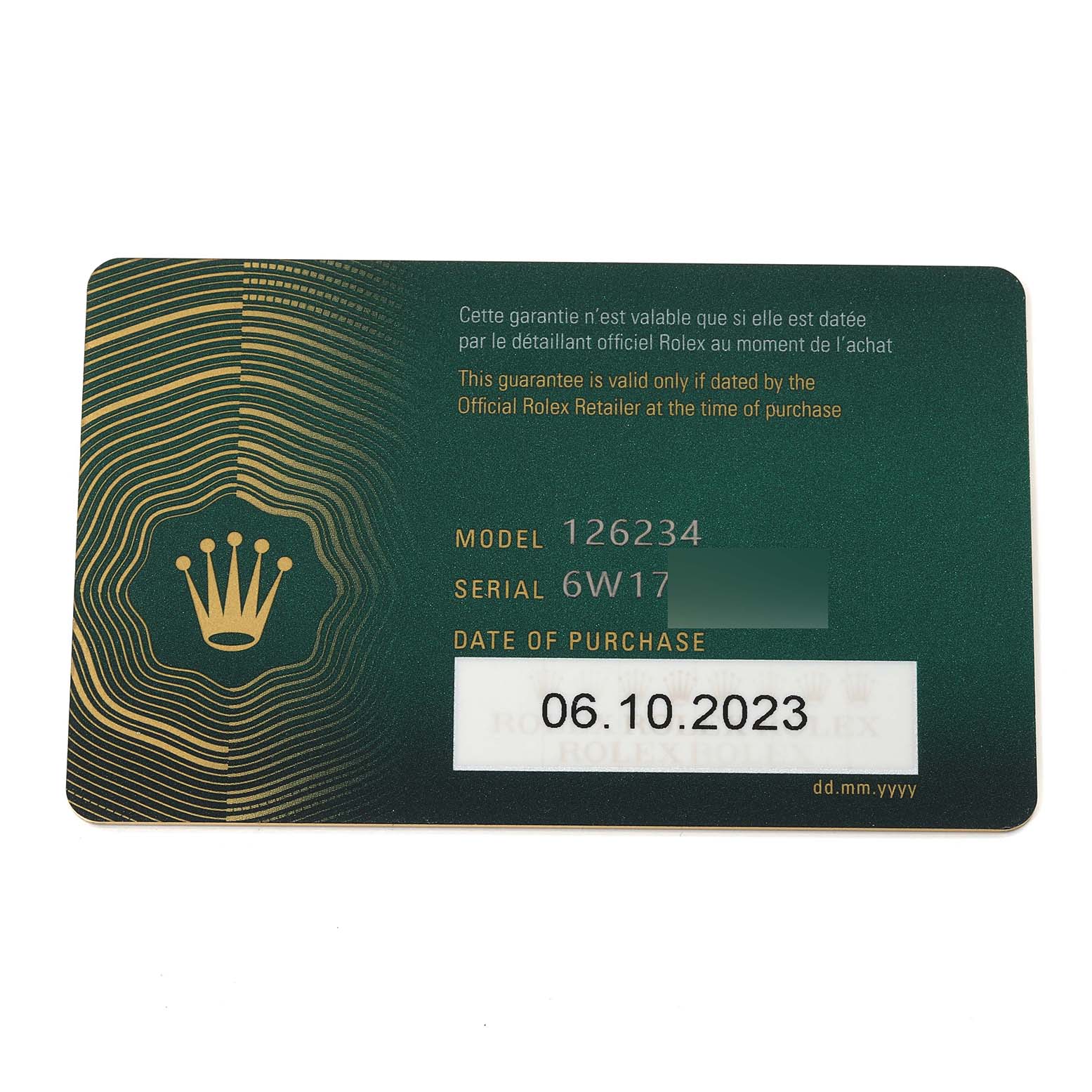 This image shows the warranty card for a Rolex Datejust 126234 Men's Stainless Steel White Dial 126234 Men's Stainless Steel White Dial model 126234, displaying the purchase date and serial number.