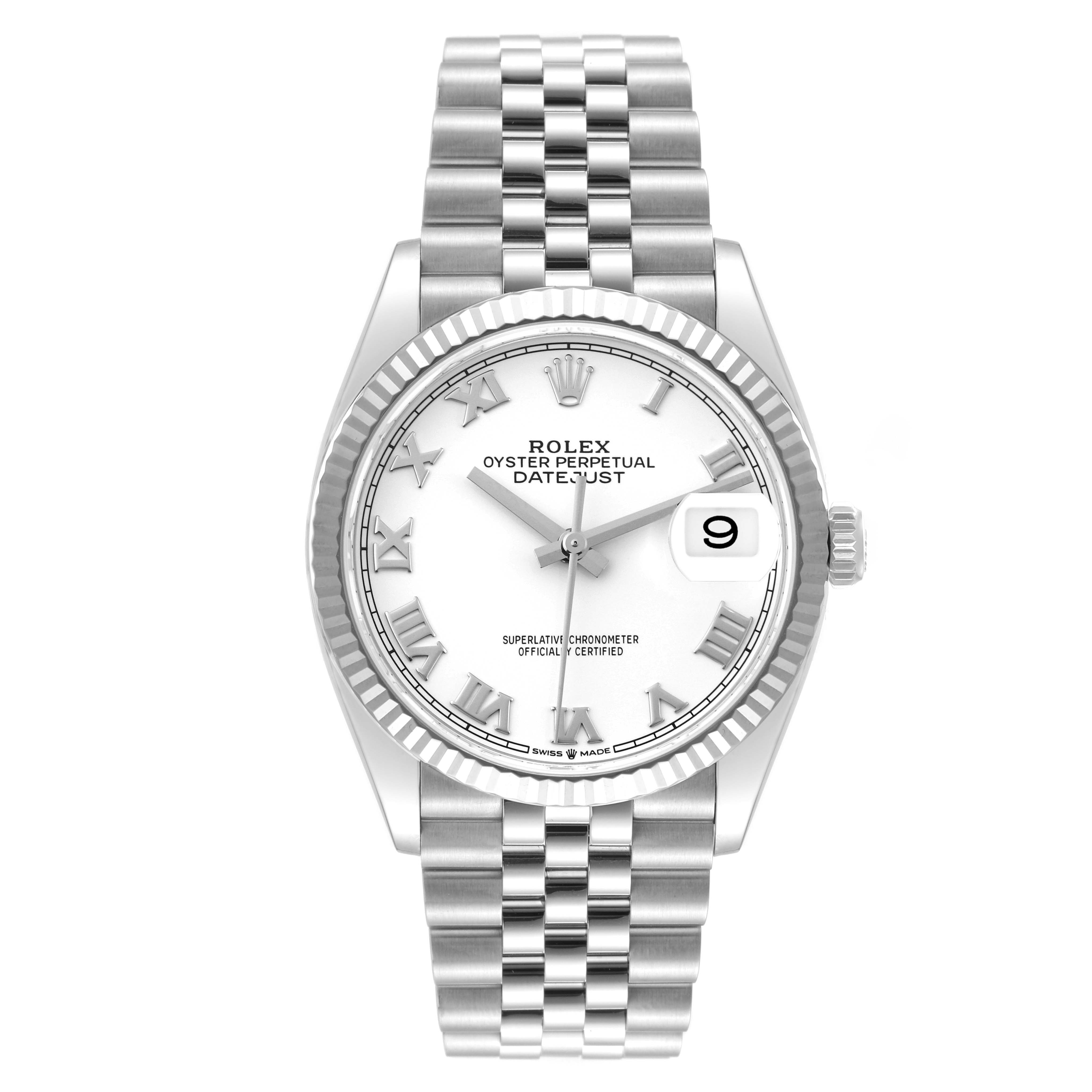 This is a front view of a Rolex Datejust 126234 Men's Stainless Steel White Dial 126234 Men's Stainless Steel White Dial watch, showing the face, bezel, and bracelet.