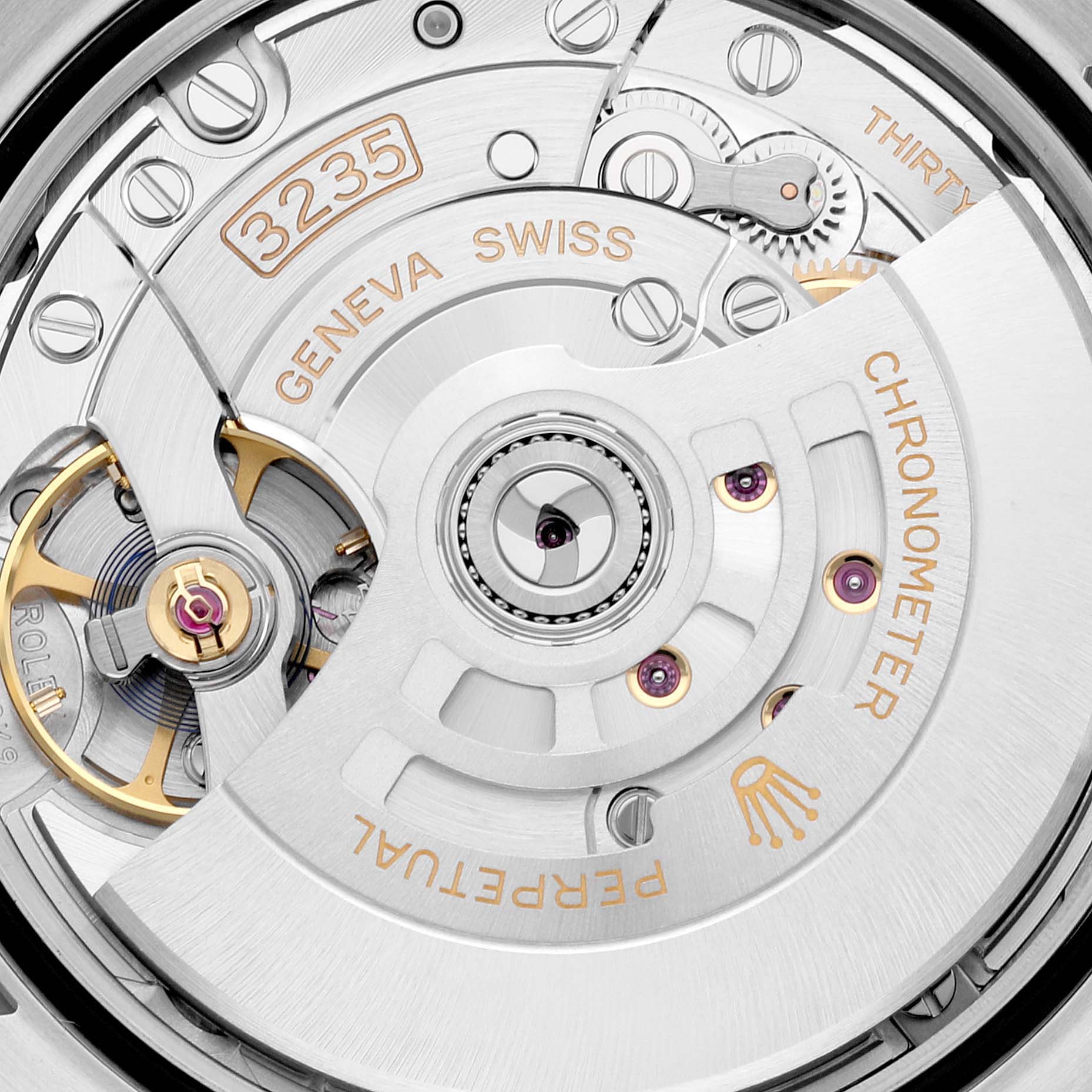 The image shows the movement mechanism of the Rolex Datejust 126234 Men's Stainless Steel White Dial 126234 Men's Stainless Steel White Dial, featuring the caliber 3235 components.