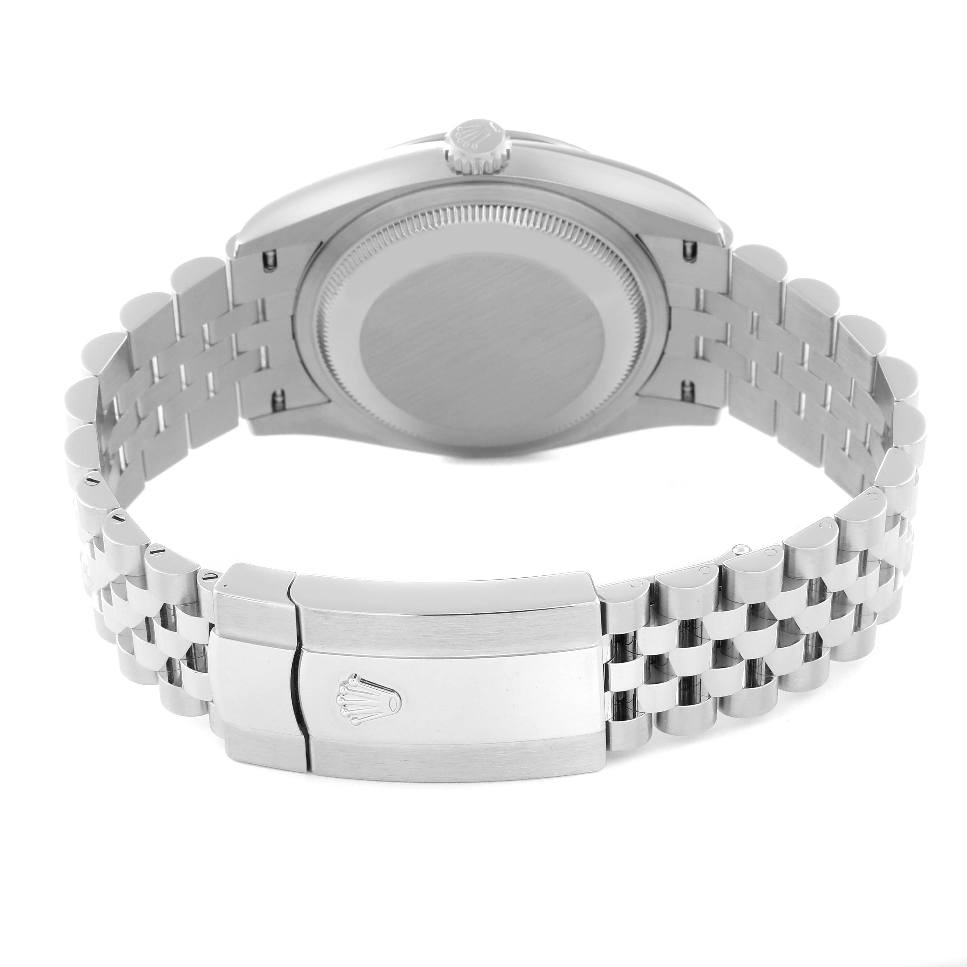 This image shows the back view of a Rolex Datejust 126234 Men's Stainless Steel White Dial 126234 Men's Stainless Steel White Dial watch, focusing on the case back and metal bracelet with the clasp open.