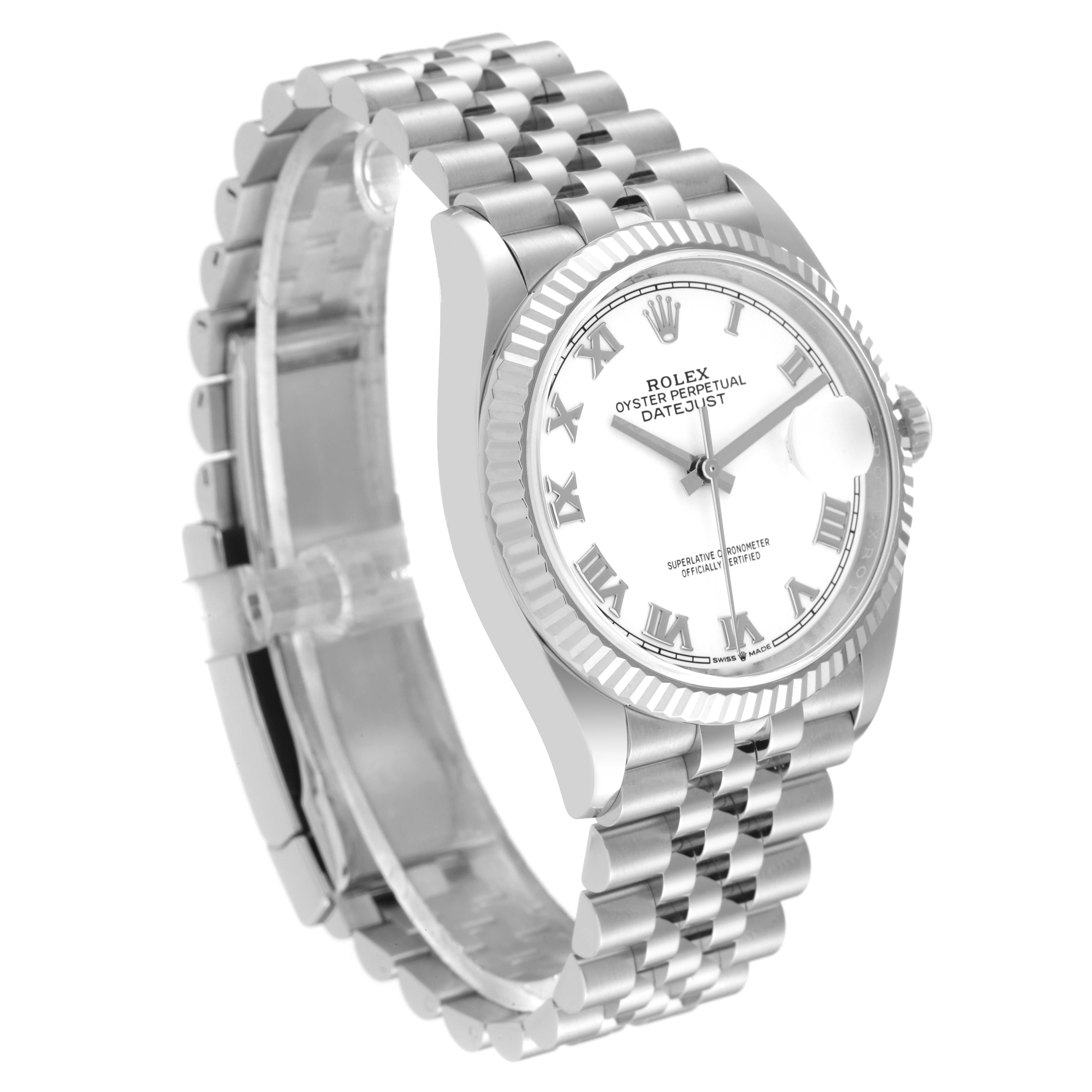 The image shows a Rolex Datejust 126234 Men's Stainless Steel White Dial 126234 Men's Stainless Steel White Dial watch at a slight angle, displaying the face, fluted bezel, and Jubilee bracelet.