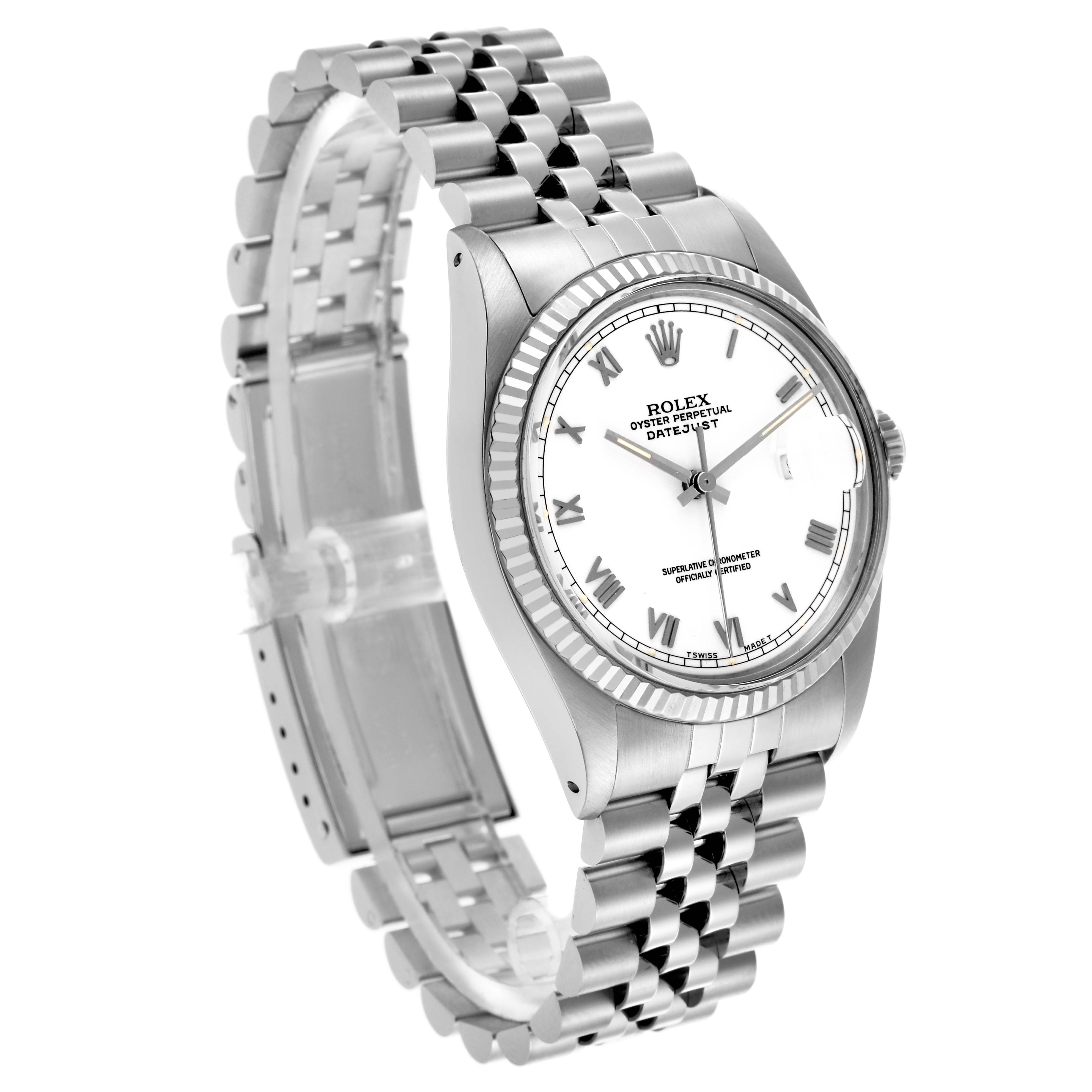 The Rolex Datejust 16014 Men
s Stainless Steel White Dial 16014 Men
s Stainless Steel White Dial watch is shown at a three-quarter angle, highlighting the face, bezel, and Jubilee bracelet.