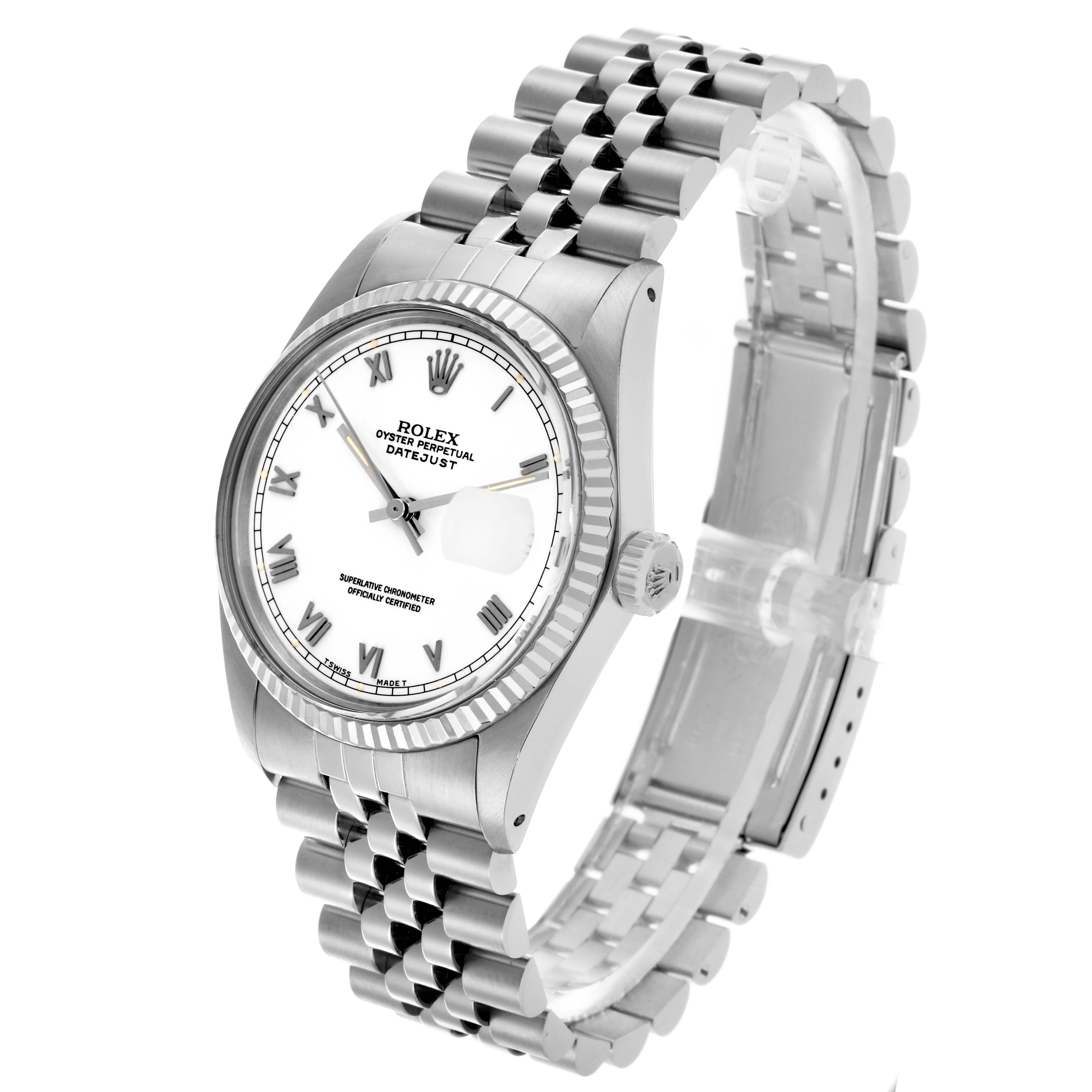 The Rolex Datejust 16014 Men
s Stainless Steel White Dial 16014 Men
s Stainless Steel White Dial watch is shown at an angled side view, highlighting the white dial, fluted bezel, and jubilee bracelet.