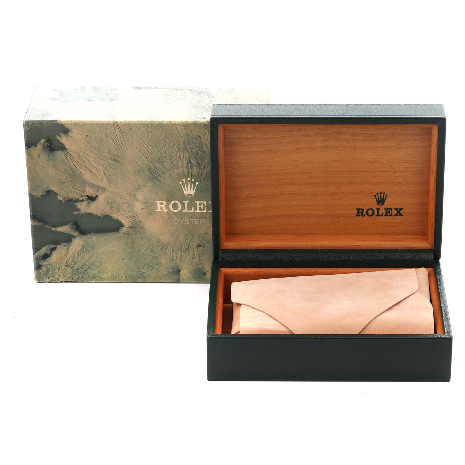 The image shows a Rolex Datejust 16014 Men
s Stainless Steel White Dial 16014 Men
s Stainless Steel White Dial watch box and a leather pouch, viewed from the front.